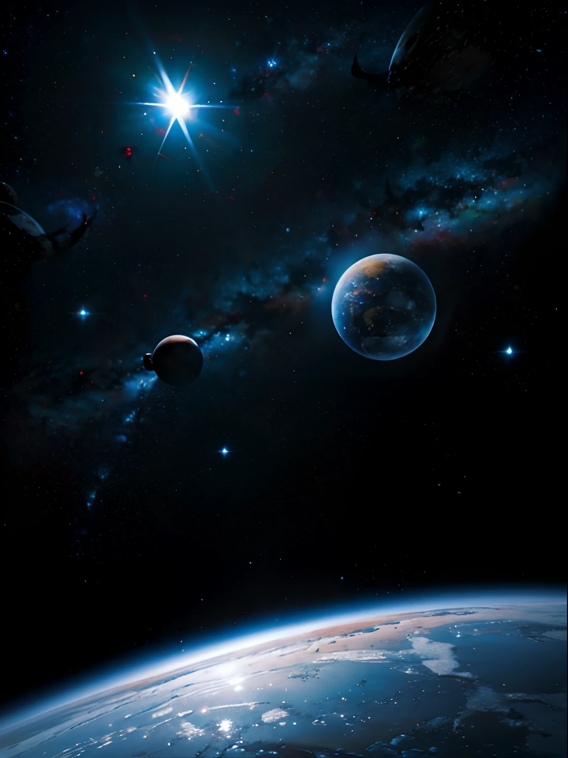 Un grupo de planetas en el espacio exterior con una luz brillante, Grandes planetas en el fondo, Planetas en el fondo, Planets behind, Planetas y galaxias, Planetas, Planetas en el fondo, fantasy space, Planetas y lunas flotantes, planetas flotantes, fantasy planet, 3 D render beeple, Planetas en los cielos, Planetas en el cielo, Planetas y estrellas