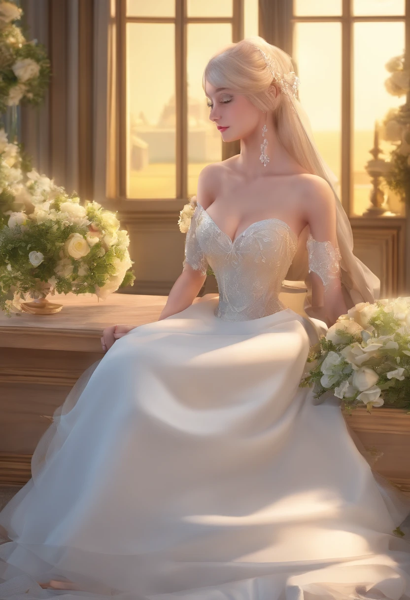 Lewdness,nedium breasts,teat,wedding gown,k hd,Sit in a chair,legs are open,A yellow-haired,Dewy milk