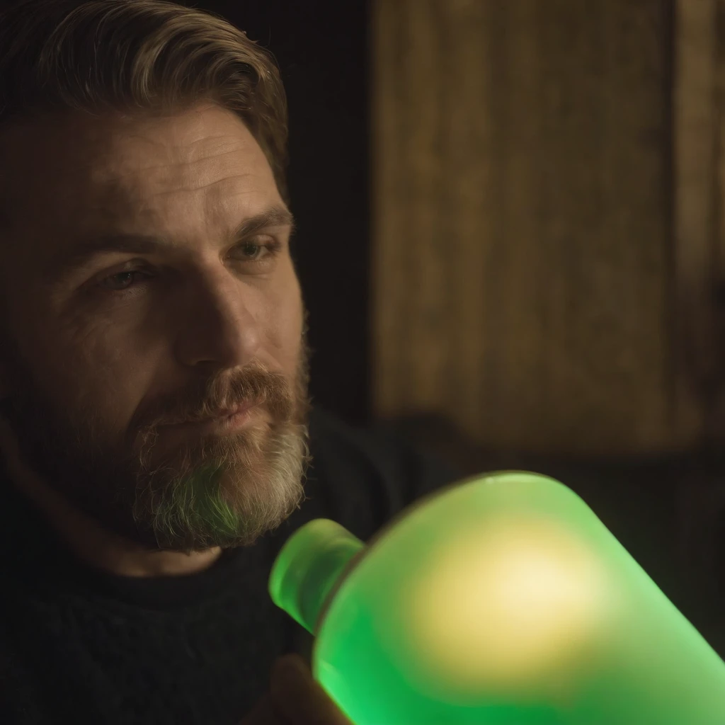 Portrait of a man holding a tube that include some type of element that glows yellow-green and gives judgment to those who drink it, inside a dark room, The light reflects on him face, smiling slyly, Self-confident, close up, bald and bearded, profile picture