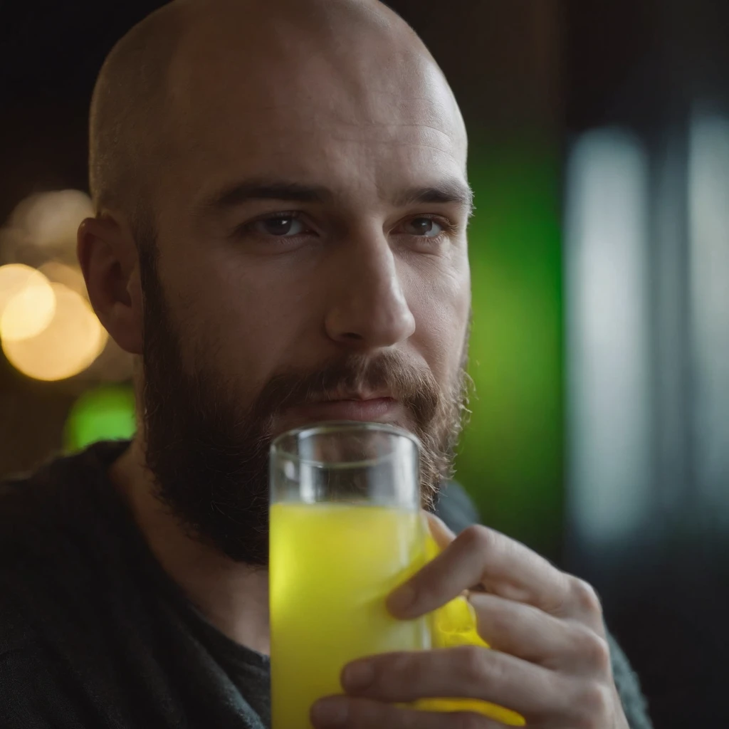 Portrait of a man holding a tube that include some type of element that glows yellow-green and gives judgment to those who drink it, inside a dark room, The light reflects on him face, smiling slyly, Self-confident, close up, bald and bearded, profile picture