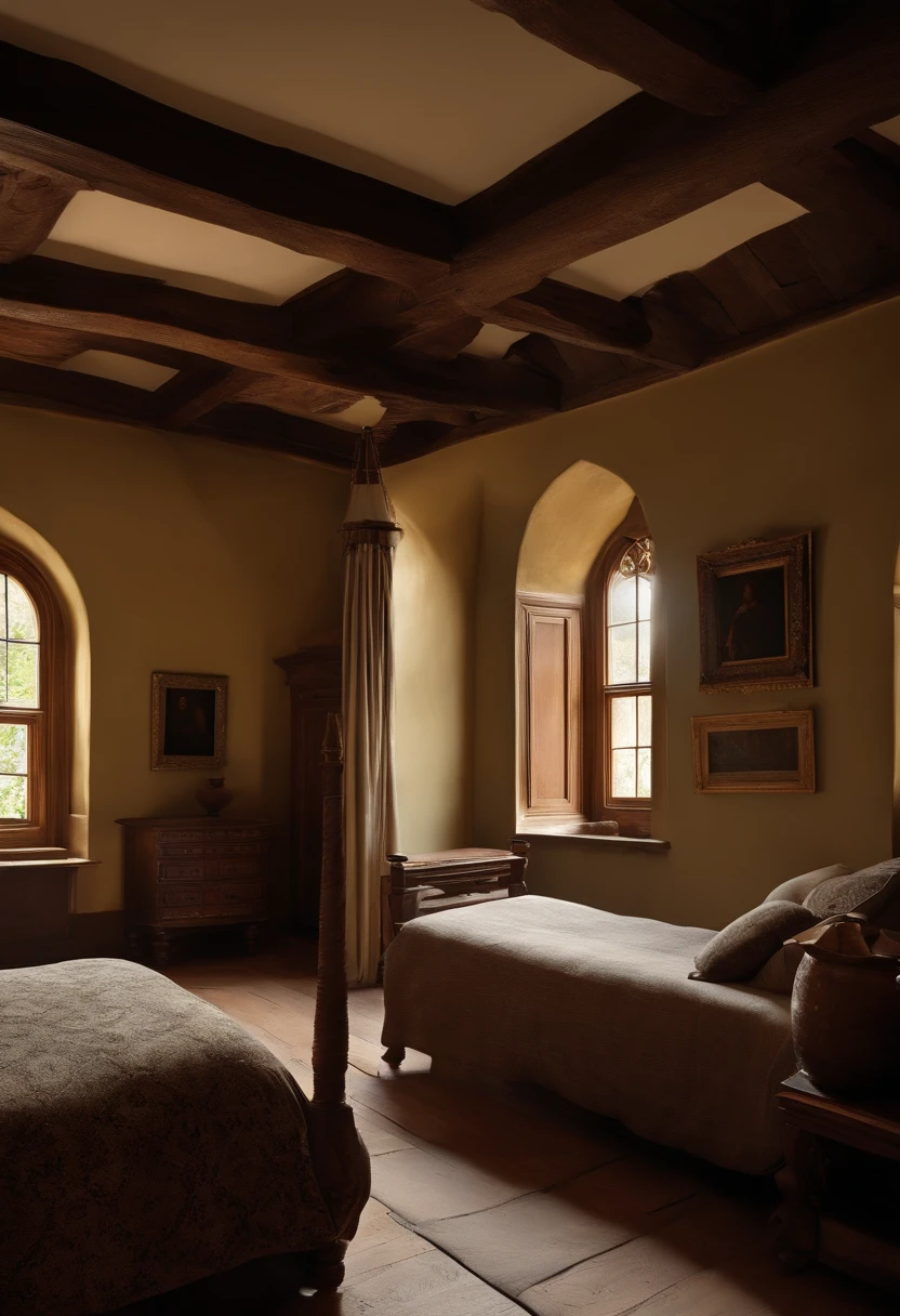 "Por favor, create a high-definition image of the bedroom, a house in 16th century, tudor style, everyday life, ordinary people, minimalist, movie still, earthy tones --ar 16:9 --style raw