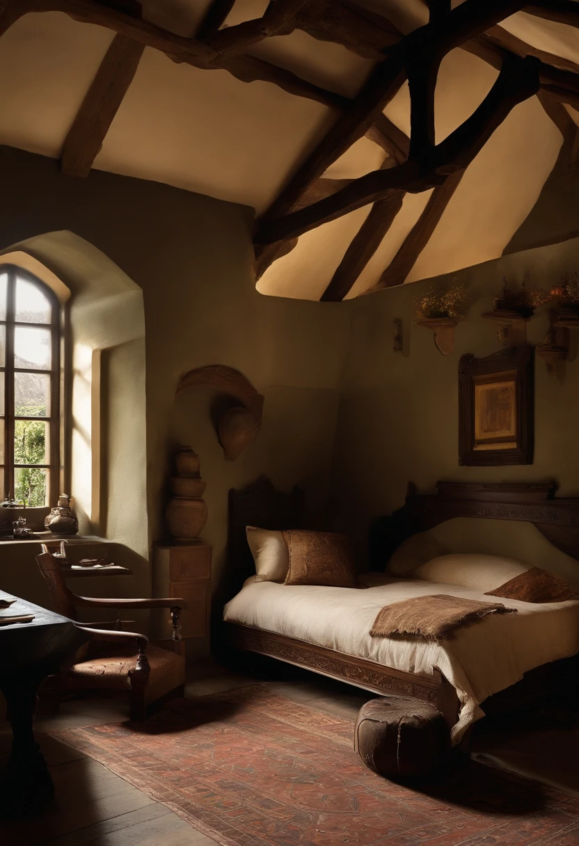 "Por favor, create a high-definition image of the bedroom, a house in 16th century, tudor style, everyday life, ordinary people, minimalist, movie still, earthy tones --ar 16:9 --style raw