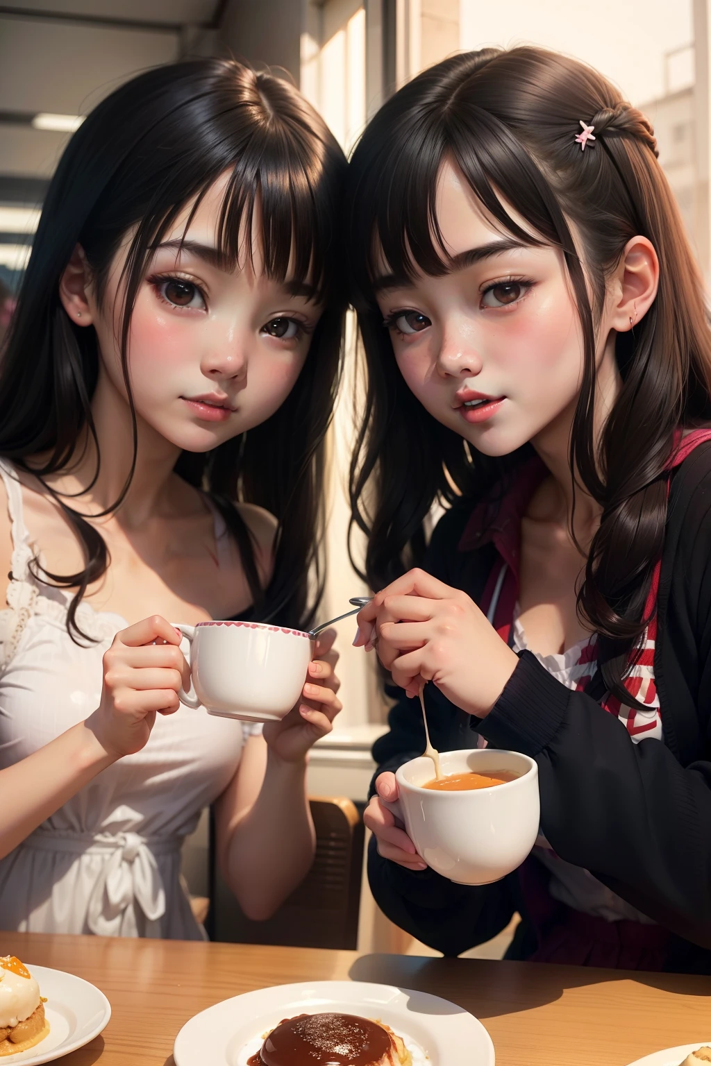 A dark-haired、Cute High School Girl、Same face in twin sisters、Pudding in the same cup1Piece by piece、Two people eating together