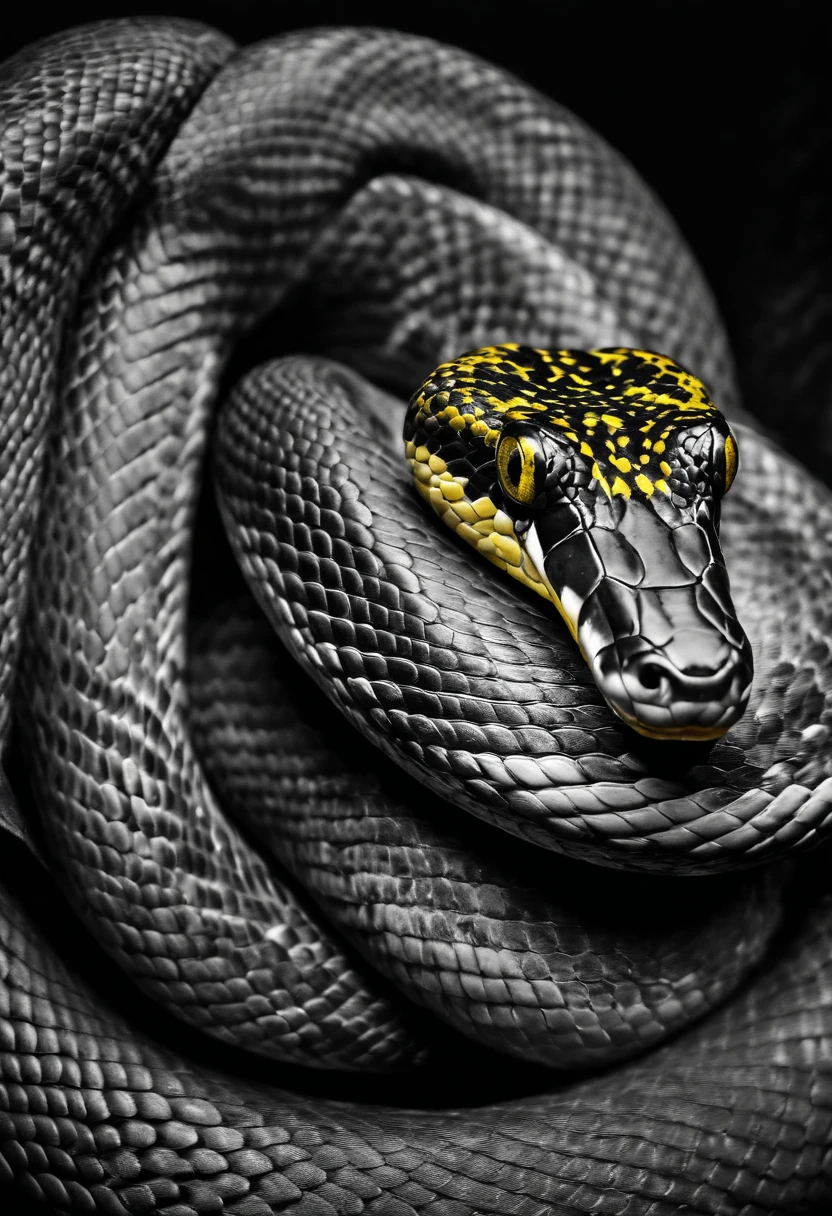 snake staring straight ahead, bottomless with yellow eyes, drawing style, black and white