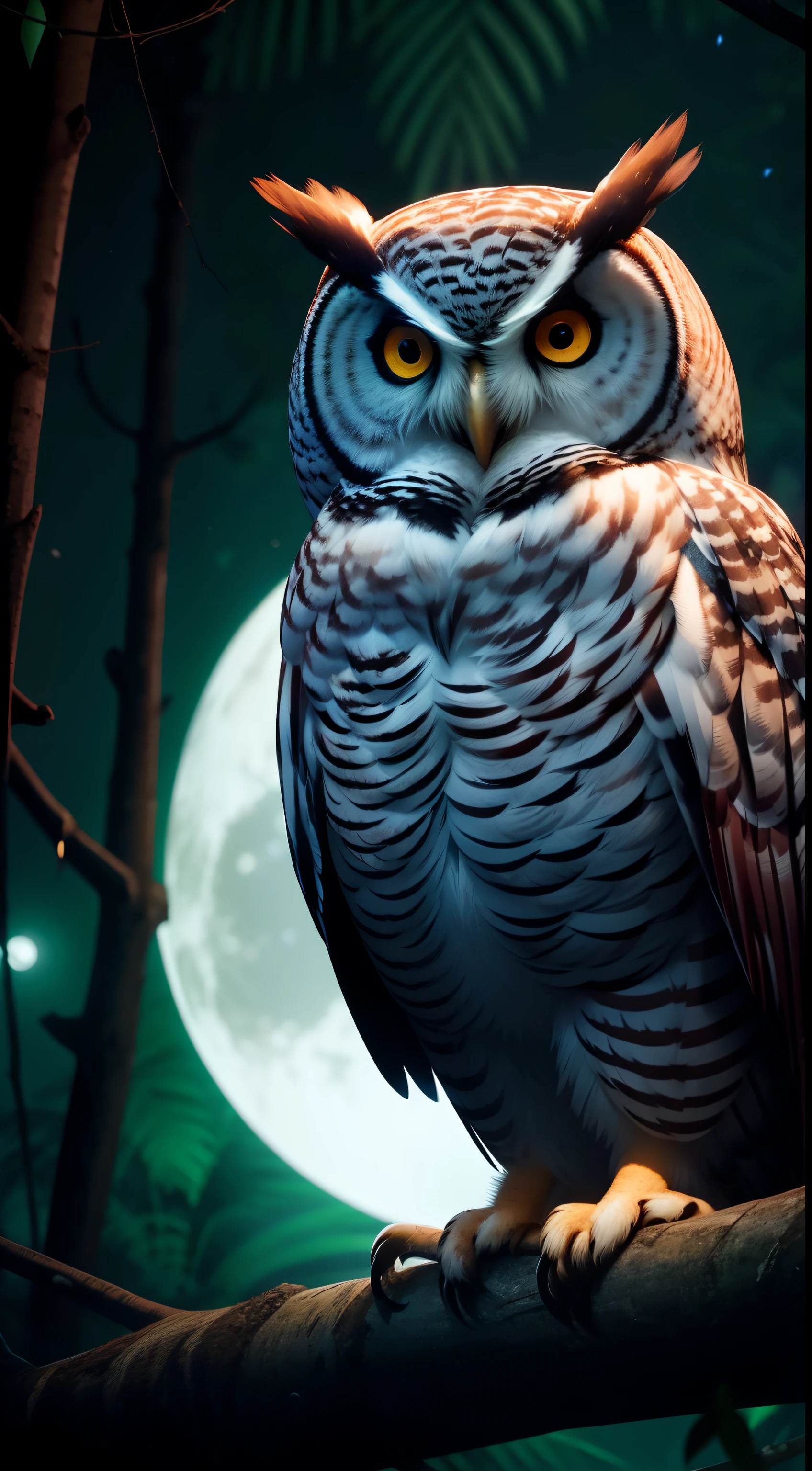 An amazing owl on the tree, red lighting eyes, in a dark jungle, cinematic, night, moonlight, high quality, 8k, super details