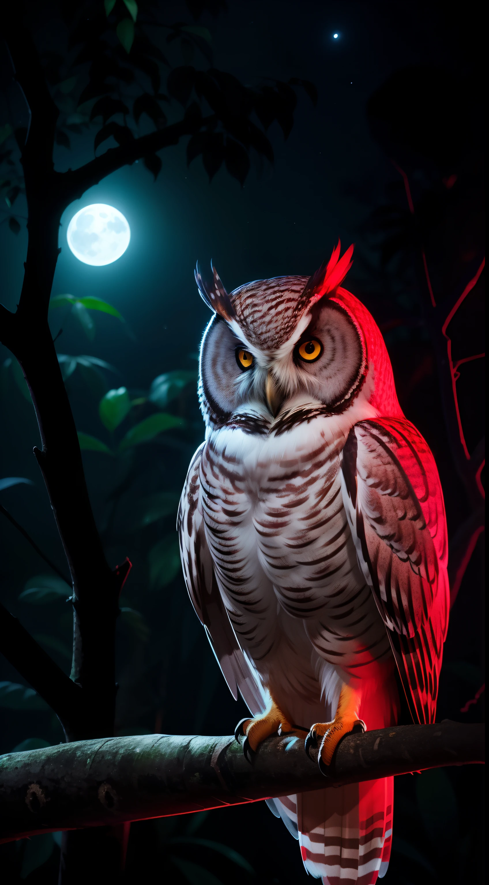 An amazing owl on the tree, red lighting eyes, in a dark jungle, cinematic, night, moonlight, high quality, 8k, super details