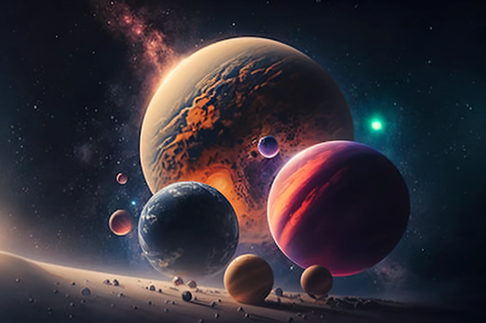 Un grupo de planetas en el espacio exterior con una luz brillante, Grandes planetas en el fondo, Planetas en el fondo, Planets behind, Planetas y galaxias, Planetas, Planetas en el fondo, fantasy space, Planetas y lunas flotantes, planetas flotantes, fantasy planet, 3 D render beeple, Planetas en los cielos, Planetas en el cielo, Planetas y estrellas