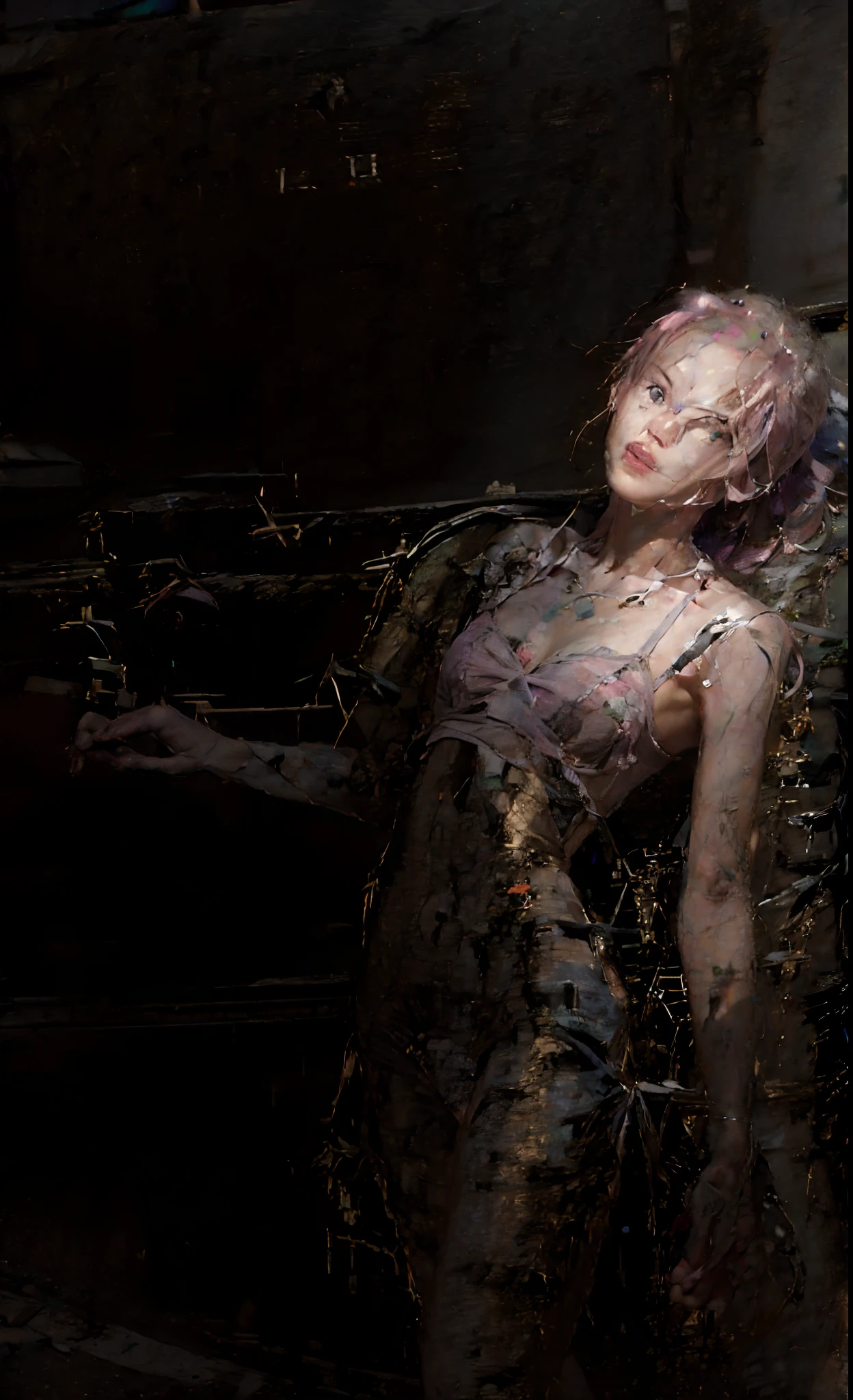Garbage heap scene (1:4), Resident Evil, Best Quality, Full Body Portrait (1:1), Delicate Face, 18-Year-Old Girl, Slim and Slender Figure, Skinny, Smaller Bust, Pink, Broken White Bikini, Looming, Panties to Crotch, Barefoot, Garbage (7:1), Sweat (5:1), Sloppy, White Viscous Liquid (5:1)