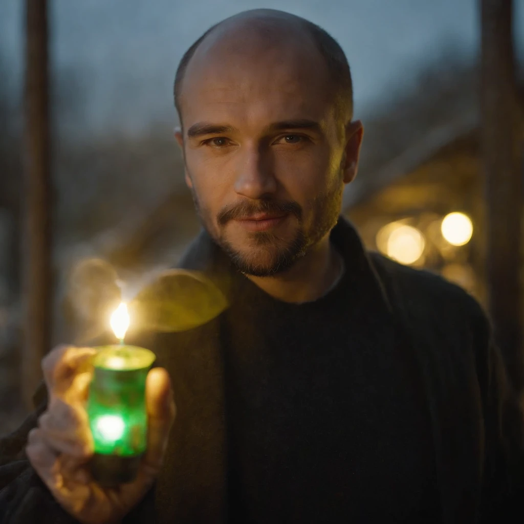 Portrait of a man holding a tube that include some type of element that glows yellow-green and gives judgment to those who drink it, inside a dark room, The light reflects on him face, smiling slyly, Self-confident, close up, bald and bearded man, amateur shooting