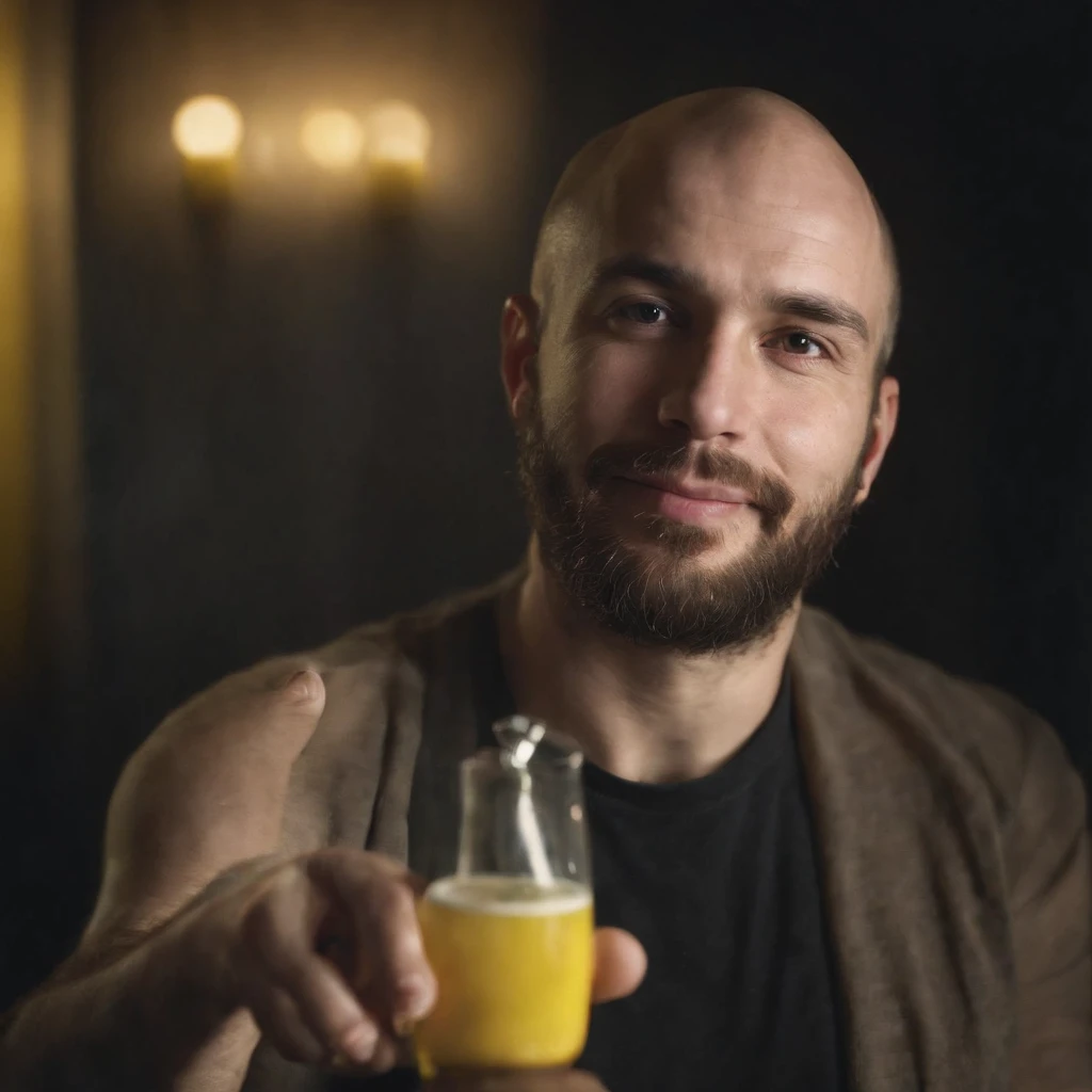 Portrait of a man holding a tube that include some type of element that glows yellow-green and gives judgment to those who drink it, inside a dark room, The light reflects on him face, smiling slyly, Self-confident, close up, bald and bearded man, amateur shooting