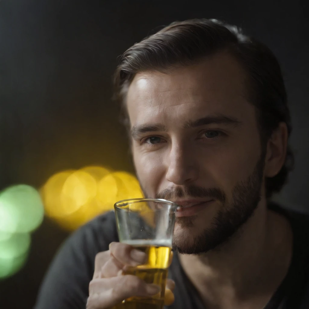 Portrait of a man holding a tube that include some type of element that glows yellow-green and gives judgment to those who drink it, inside a dark room, The light reflects on him face, smiling slyly, Self-confident, close up, bald and bearded man, amateur shooting
