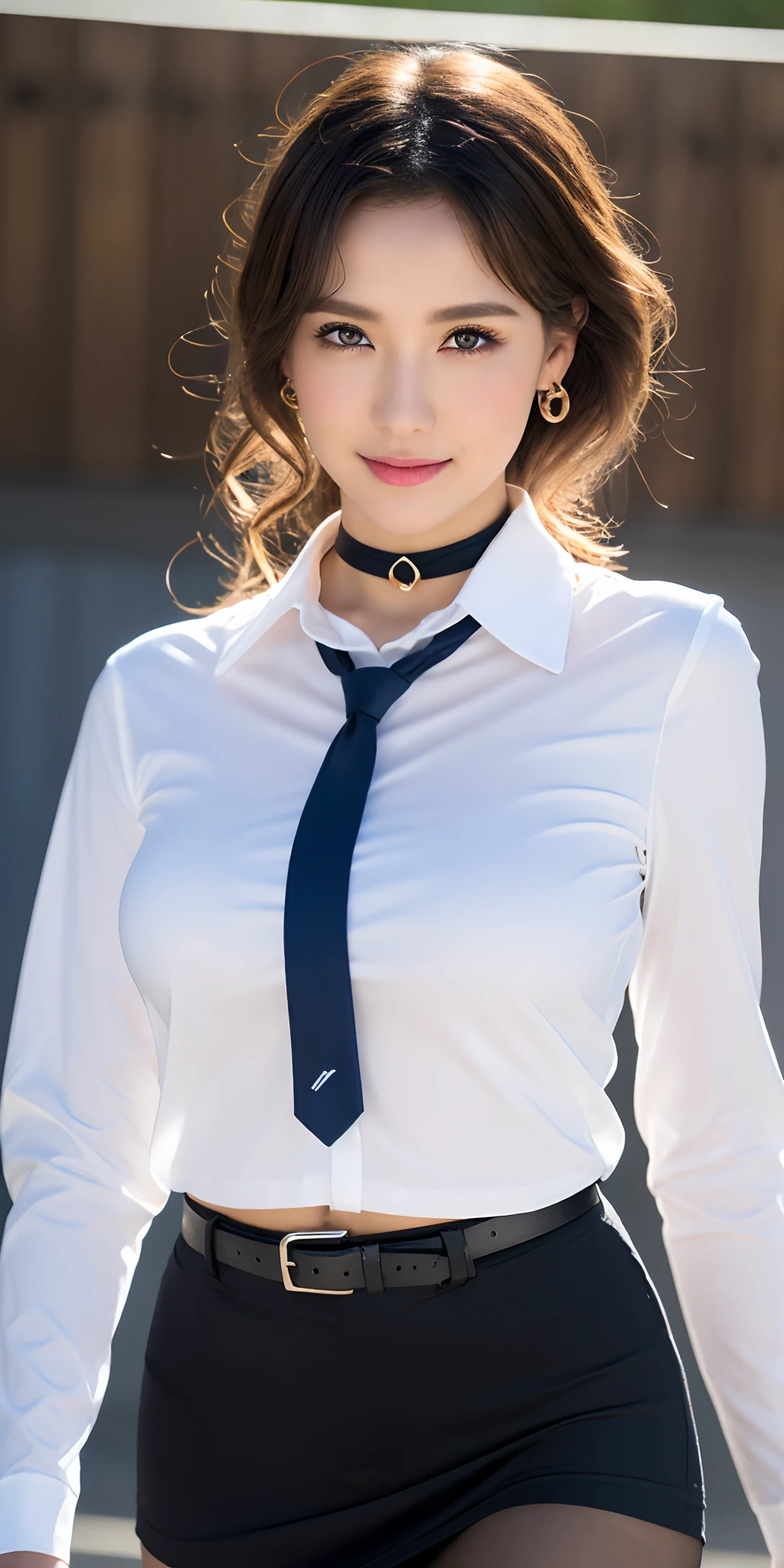 (RAW Photo: 1.2), (Photorealistic: 1.6), (Masterpiece: 1.3), (Best Quality: 1.4), HI-RES, HDR, 8K resolution, Check Comments, (Complex Detail: 1.6), (Volume Light), Random Location, One Girl, Full Body, Look at Camera, (Sexy Woman: 1.6), (Looking Down: 1.5), (Wind: 1.4), ( Close-up: 1.6), (Beautiful face: 1.9), (Detailed face: 1.6), (Constriction: 1.5), (Eyelashes: 1.4), (Smile: 1.6), (Constriction: 1.6), (Constriction: 1.5), (Big breasts: 1.6), (Constriction: 1.6), (Thighs: 1.6): 1.6), (Strong and toned abs: 1.4), (Feminine and muscular: 1.5), (Realistic human skin: 1.6) , (Detailed Eyes), (Detailed Facial Features), (Detailed Clothing Features), (High School Uniform): 1.7), (White Long Sleeve Collar Light T-Shirt: 1.7) + (Tie to Solar Plexus: 1.7) + (Miniskirt Span: 1.7) + + Black Pantyhose, (Choker), (Necklace), (Earrings), (Thigh Choker), (Belt), (Bracelet)