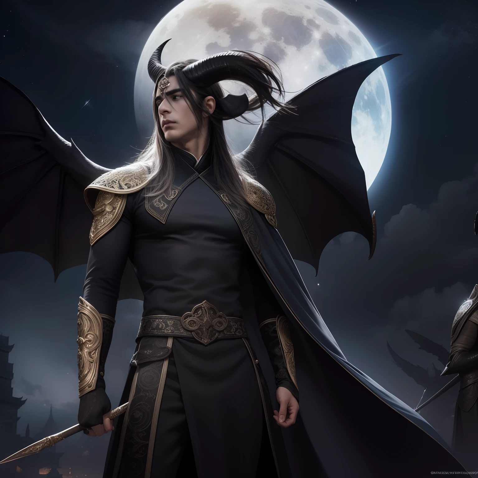 Homem, ((cabelos compridos negros)), night  sky, obra prima, asiatic, neutral expression, armadura escura, detalhado, detalhes azuis, lua cheia, demon horns, demon wings, brilho, pontos de luz, atmosfera serena, horripilante, escuro, brilho da lua, UHD, melhor qualidade