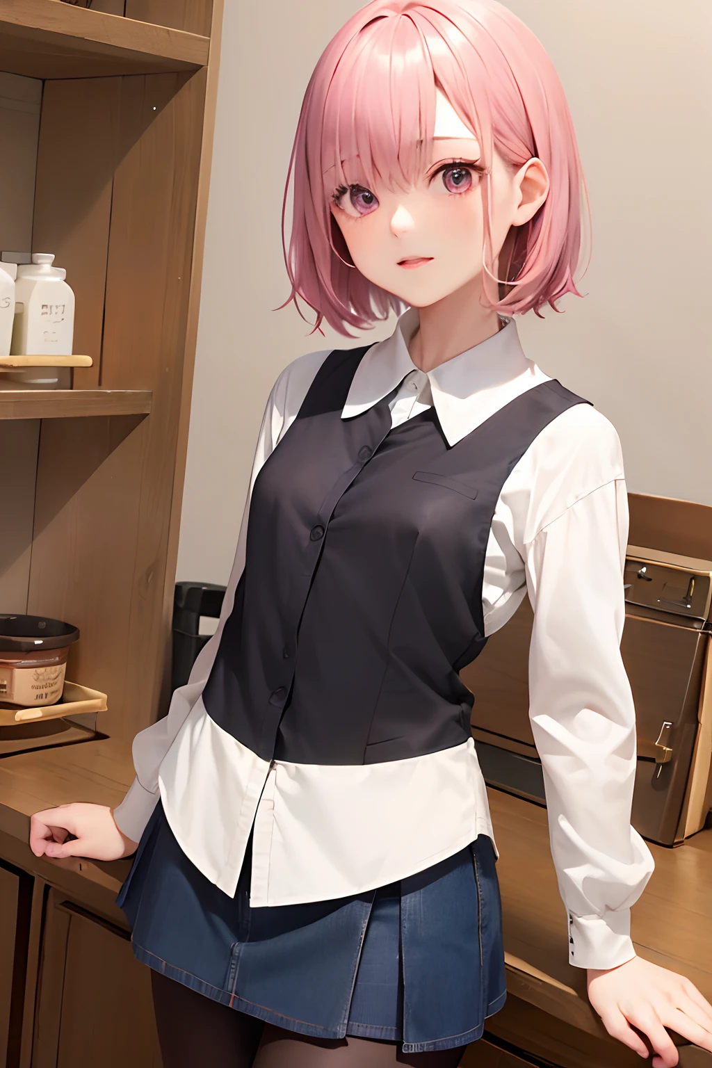 ID photo, Glossy outfit, formal suit, pencil skirts, high-heels, Blouse, pantyhose, ((In Kyoto Animation Style)), super precision, masterpiece, very extremely beautiful, Princess Face,, super precision, masterpiece, very extremely beautiful, femele, Only one person, A pink-haired, Dark eyes, Medium chest, big eye, Glossy outfit, bob cuts, ((portlate:1.5)), Female sexy, ratex, serious facial expression, Front face, a closed mouth,The dress is black, ((Solo:1.5)), ((without background:1.5)), is standing, upright posture, ((from waist up:1.5)),
