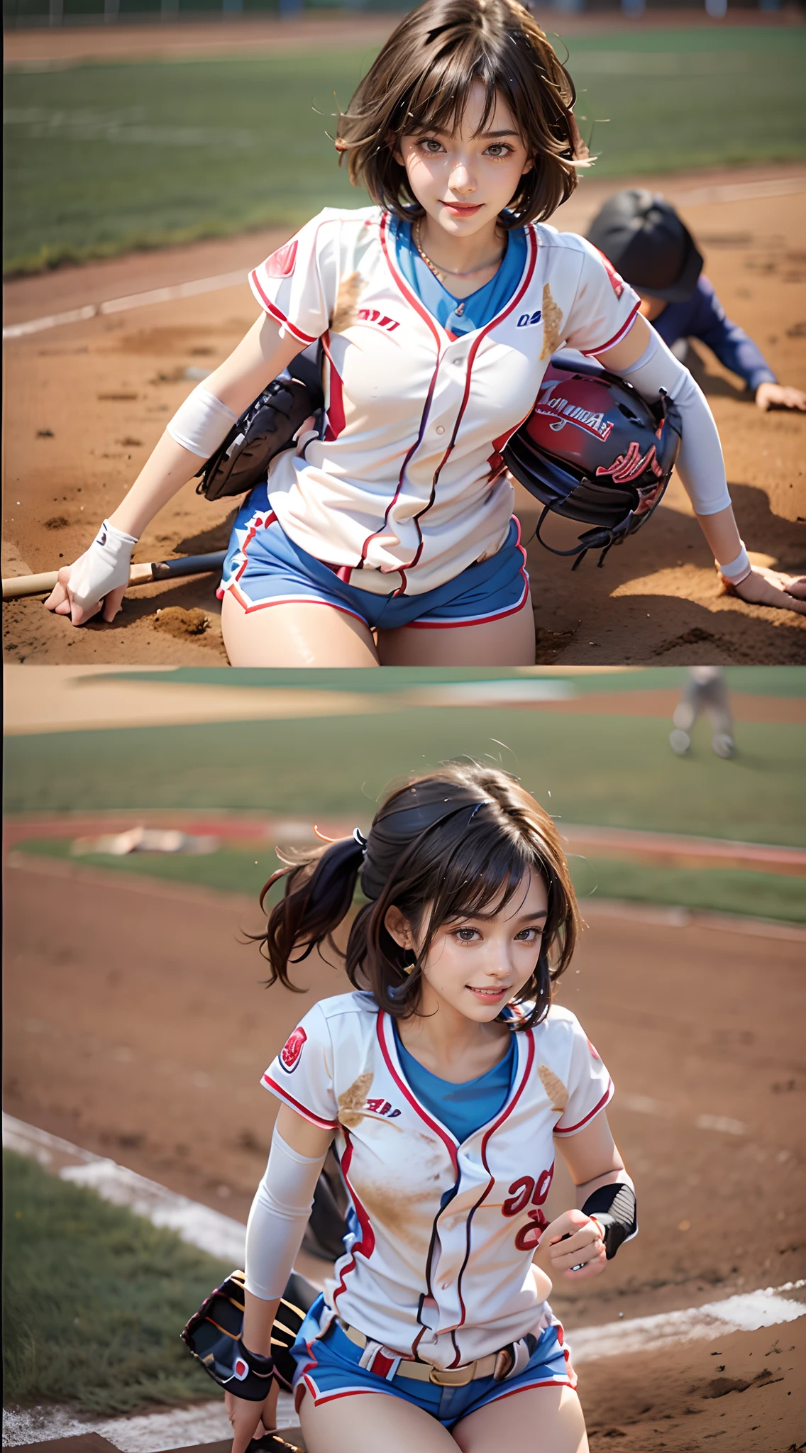 (The FW), 1womanl, Solo, 24 year old, 7headed body, (cute face), (Ideal ratio body proportions), baseball field, Baseball Uniforms, shortpants, long , The costume is sheer, Smiling smile, Wet, short-hair, Dark hair, small tits, A slender, Small buttocks, Skinny Legs, surrealism, Cinematic lighting, depth of fields, One-person viewpoint, F/1.8, 135 mm, nffsw, masutepiece, ccurate, Anatomically correct, Textured skin, Super Detail, high details, High quality, awardwinning, Best Quality, hight resolution, 8K