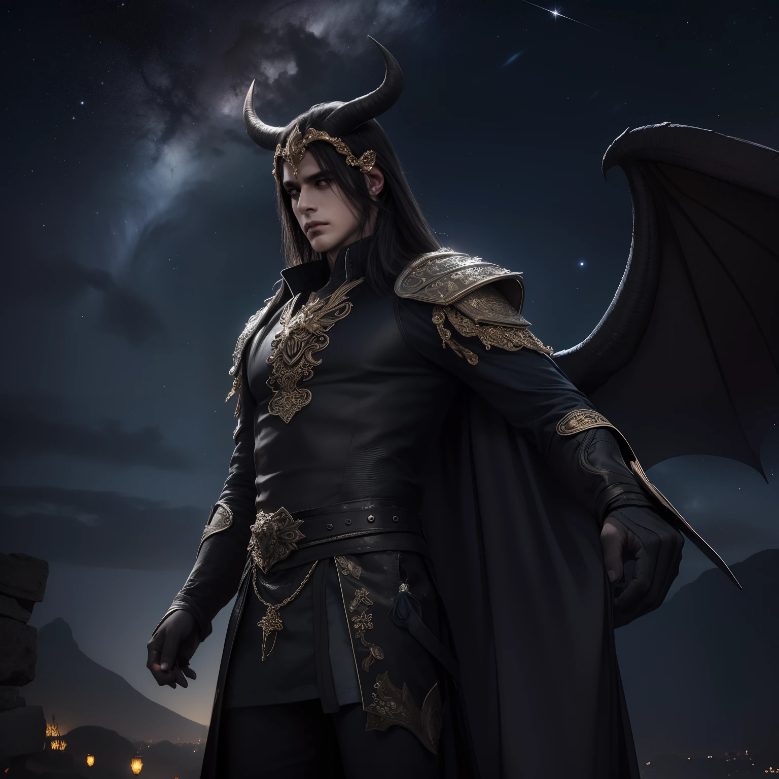Homem, ((cabelos compridos negros)), night sky, obra prima, asiatic, neutral expression, armadura escura, detalhado, detalhes azuis, lua cheia, demon horns, demon wings, brilho, pontos de luz, atmosfera serena, horripilante, escuro, brilho da lua, UHD, melhor qualidade