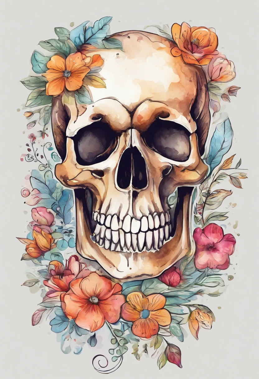 sticker, skull cute, contour, colorful, vector, kawaii