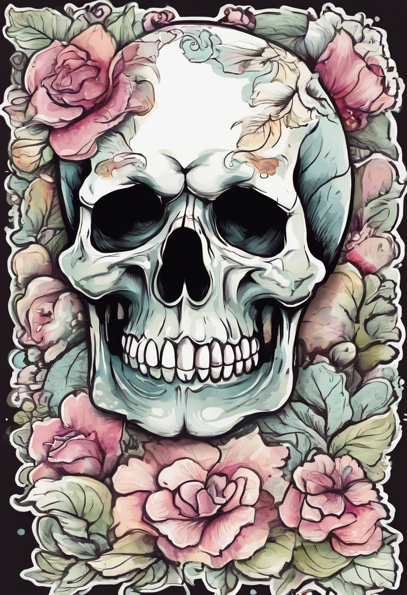 sticker, skull cute, contour, colorful, vector, kawaii