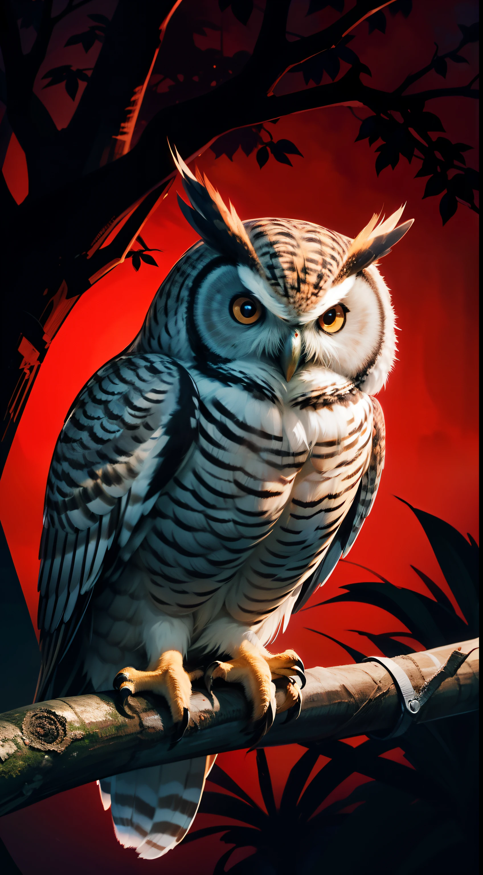 An amazing owl on the tree, red lighting eyes, in a dark jungle, cinematic, night, moonlight, high quality, 8k, super details