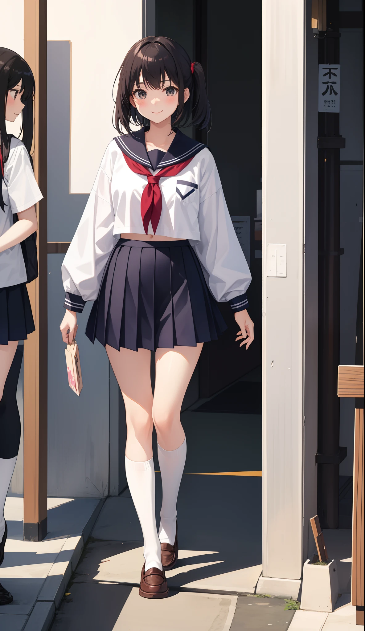 1girl in、AS-Adult、A smile、(Tsundere)、The shirt、skirt by the、(small tits)Chilarism、Japan High School Student Uniform、serafuku、summer clothing、(Sheer Bra)、Walking with a thigh、Upper body portrait、