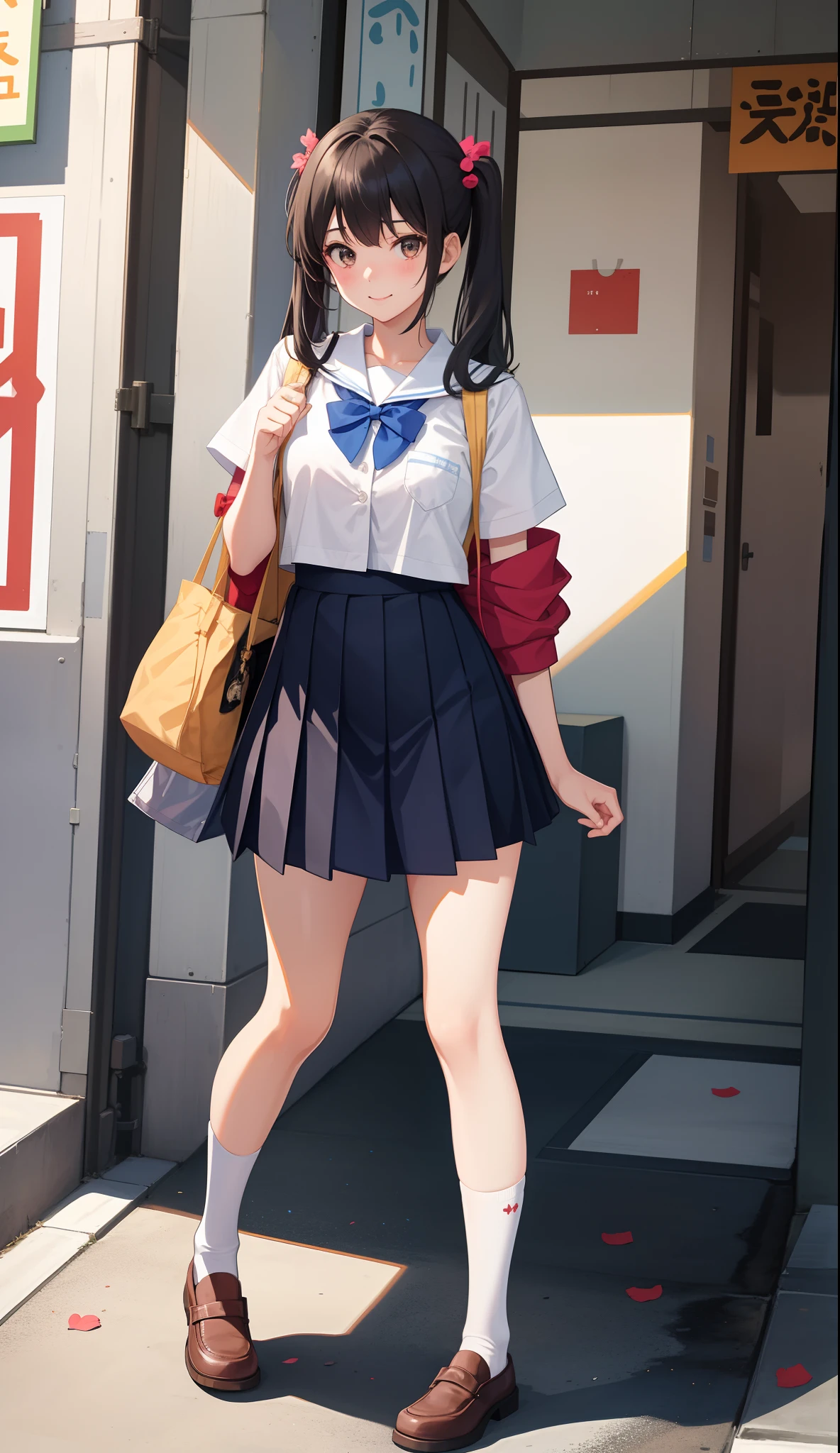 1girl in、AS-Adult、A smile、（Tsundere）、The shirt、skirt by the、（small tits）Chilarism、Japan High School Student Uniform、serafuku、summer clothing、（Sheer Bra）、Walking with a thigh、Upper body portrait、