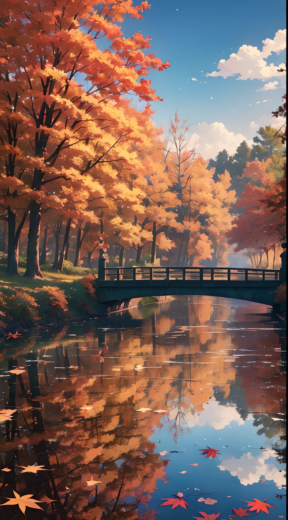 Makoto Shinkai、((A masterpiece)),((Highest quality)),、The anime、Autumn Sky、Arbre mort、feuilles mortes、1Femmes、Looking up at the autumn sky、automne、Beaux paysages、Beau ciel de coucher de soleil、The magic hour、Il y a un peu de vent、perspective、