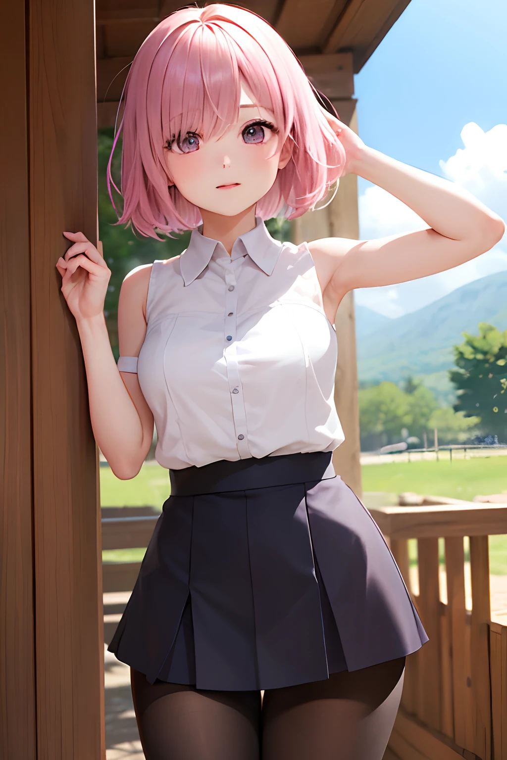 (​masterpiece、top-quality:1.2), cowboy  shot, 独奏, 1girl in, Mashed Kyrie Light,Embarrassing expression viewer, A pink-haired, Hair above one eye,doress, (pantyhose)