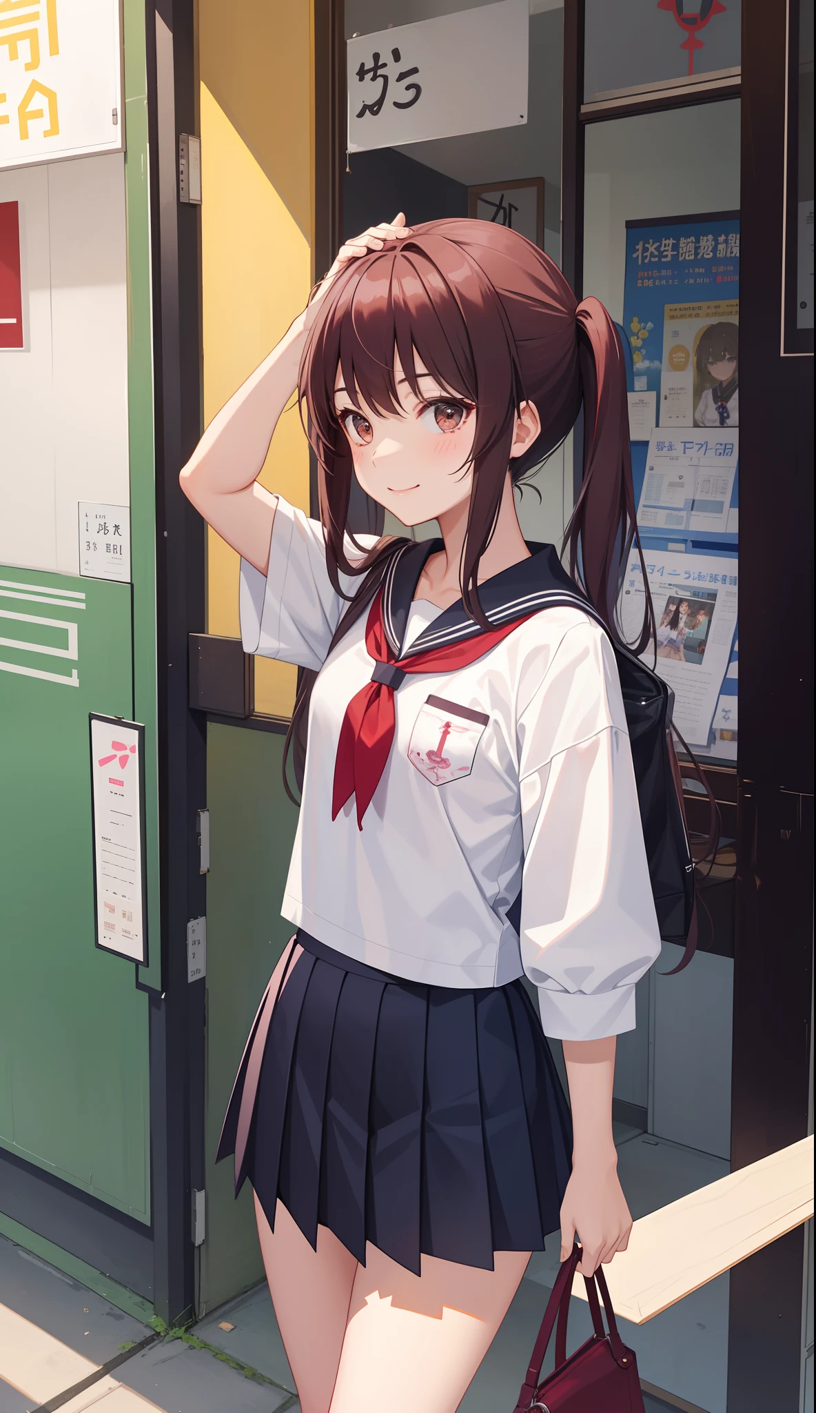 1girl in、AS-Adult、A smile、(Tsundere)、The shirt、skirt by the、(small tits)Chilarism、Japan High School Student Uniform、serafuku、summer clothing、(Sheer Bra)、Walking with a thigh、Upper body portrait、