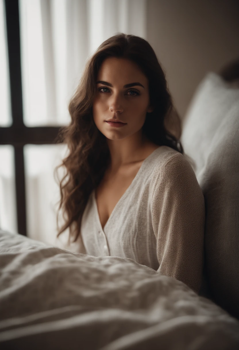 Portrait of a beautiful brunette, 22 years old, freckles, in bedroom, seductive facial expression