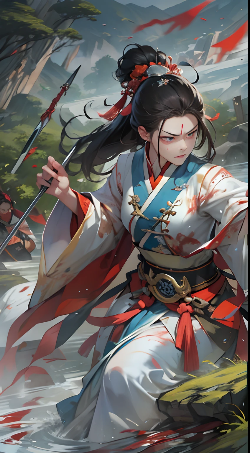 Qiong Xiong suggests giving up peace talks and retreating to claim the exclusive spirit spring, but Yuan Jie refuses this proposal. They argue fiercely on the battlefield, with serious expressions and determined eyes, a war-torn battlefield and flowing blood in the background, , 32k, best quality, masterpiece, super detail, high details,