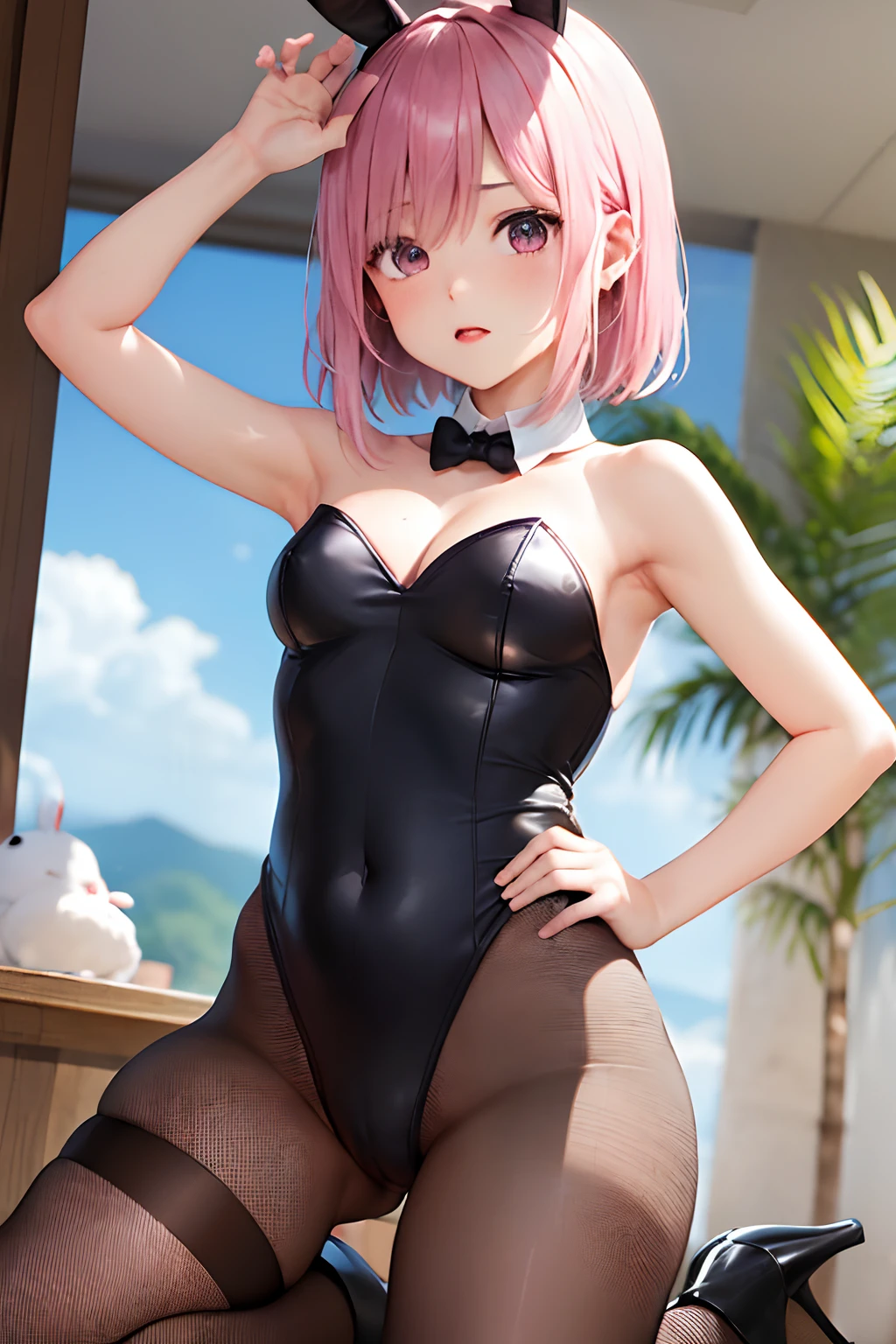 (masterpiece、top-quality:1.2), cowboy shot, 独奏, 1girl in,embarassed expression、the viewer, A pink-haired, Hair above one eye,((bunnygirl)), (pantyhose)、(Leotard)、(high-heels)、Kneeling