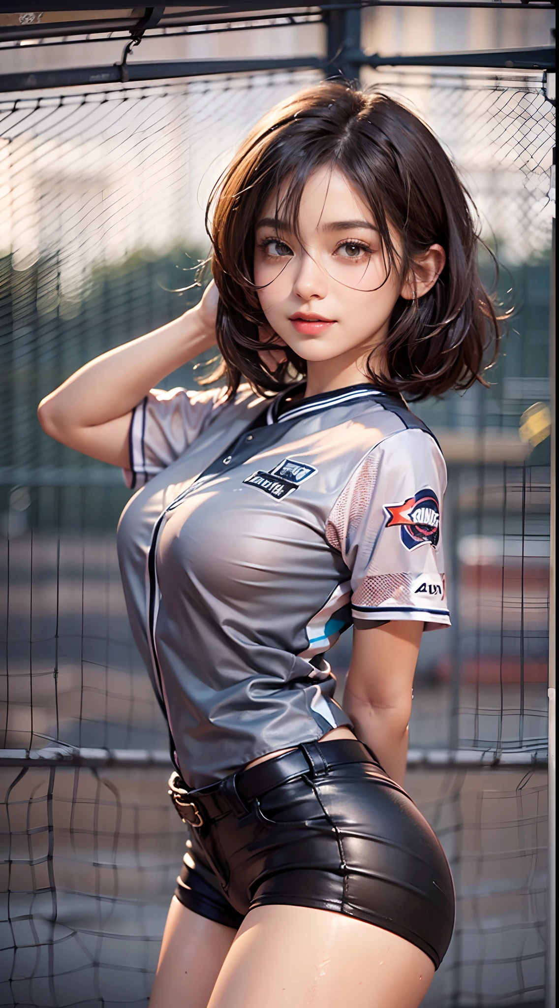 (NSFW), 1womanl, Solo, 24 year old, (cute face), (Ideal ratio body proportions), baseball field, Baseball Uniforms, shortpants, ((((Super close-up of buttocks)))), (((Point your butt at the camera))), (((Emphasize ass))), The costume is sheer, Smiling smile, Wet, short-hair, Dark hair, small tits, A slender, Small buttocks, Skinny Legs, surrealism, Cinematic lighting, depth of fields, One-person viewpoint, F/1.8, 135 mm, nffsw, masutepiece, ccurate, Anatomically correct, Textured skin, Super Detail, high details, High quality, awardwinning, Best Quality, hight resolution, 8K