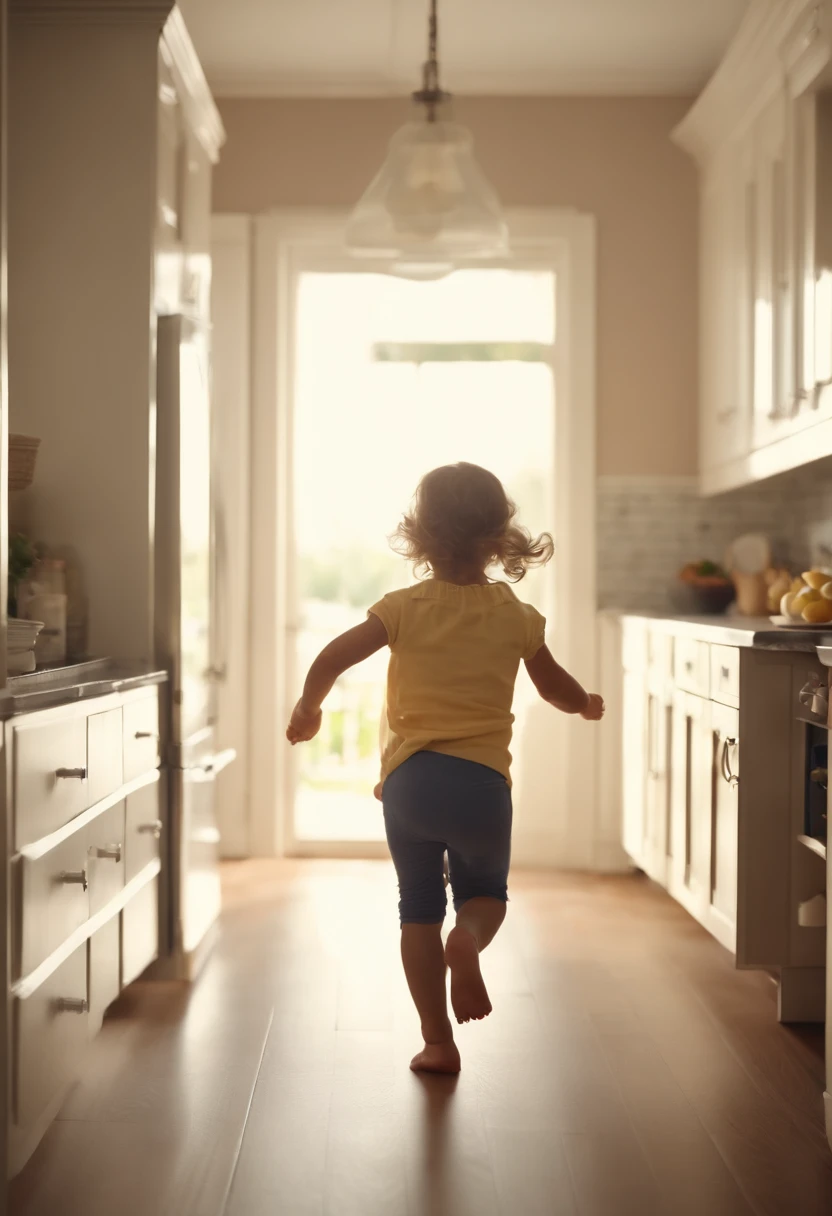 realistic image. Mom, 35 years old, hair tied up, worried, running after a child, a 2-year-old girl. perfect lighting. kitchen backgroud of an ordinary house, neutral colors. High quality 4k image. kinematics.