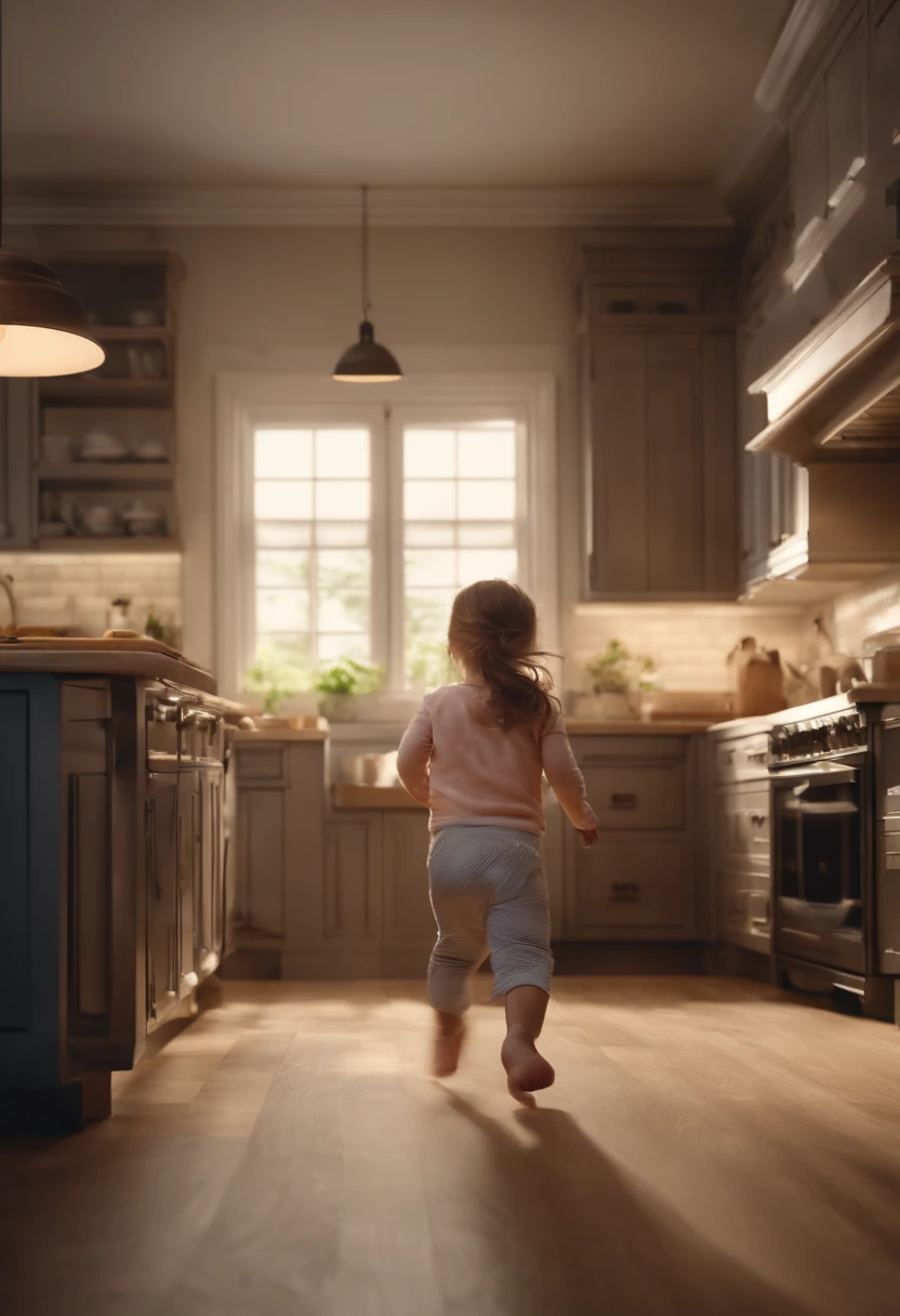 realistic image. Mom, 35 years old, hair tied up, worried, running after a , a 2-year-girl.rfect lighting. kitchen backgroud of an ordinary house, neutral colors. High quality 4k image. kinematics.