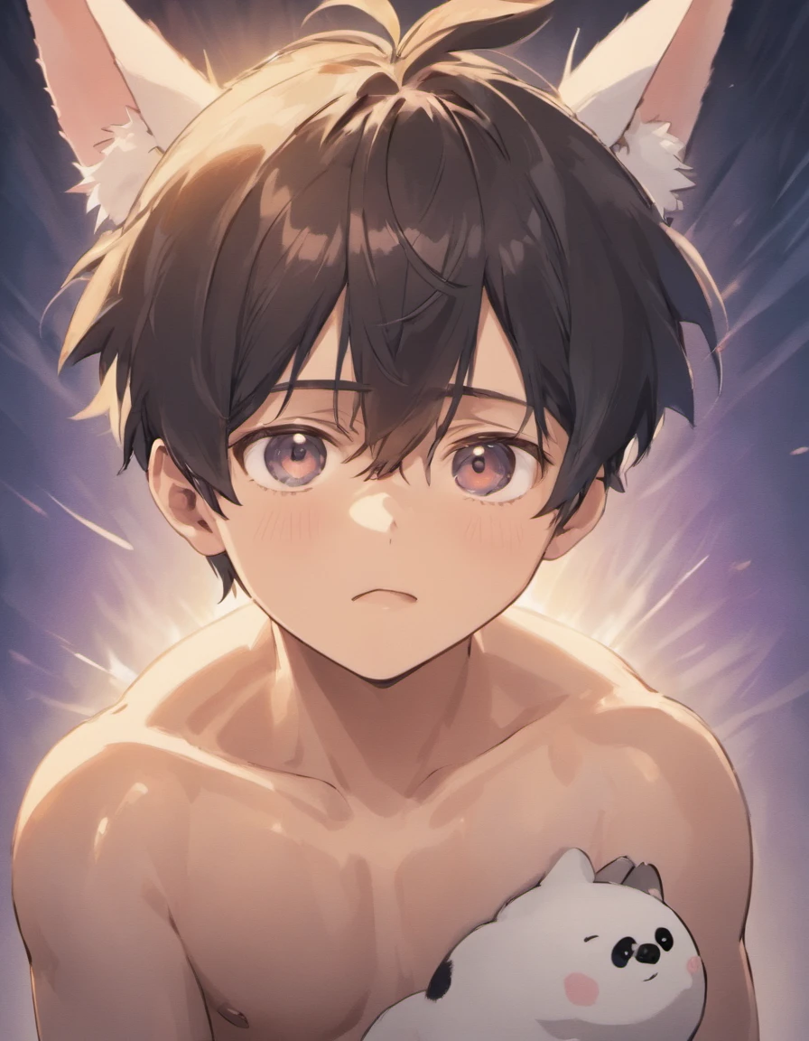 Highres, Masterpiece, Best quality at best,Best Quality,hight quality, hight detailed, (1boy, Boy, Shota), Cat ear, Shirtless, Nipple heart pose, (very young boy), (very small and short body)