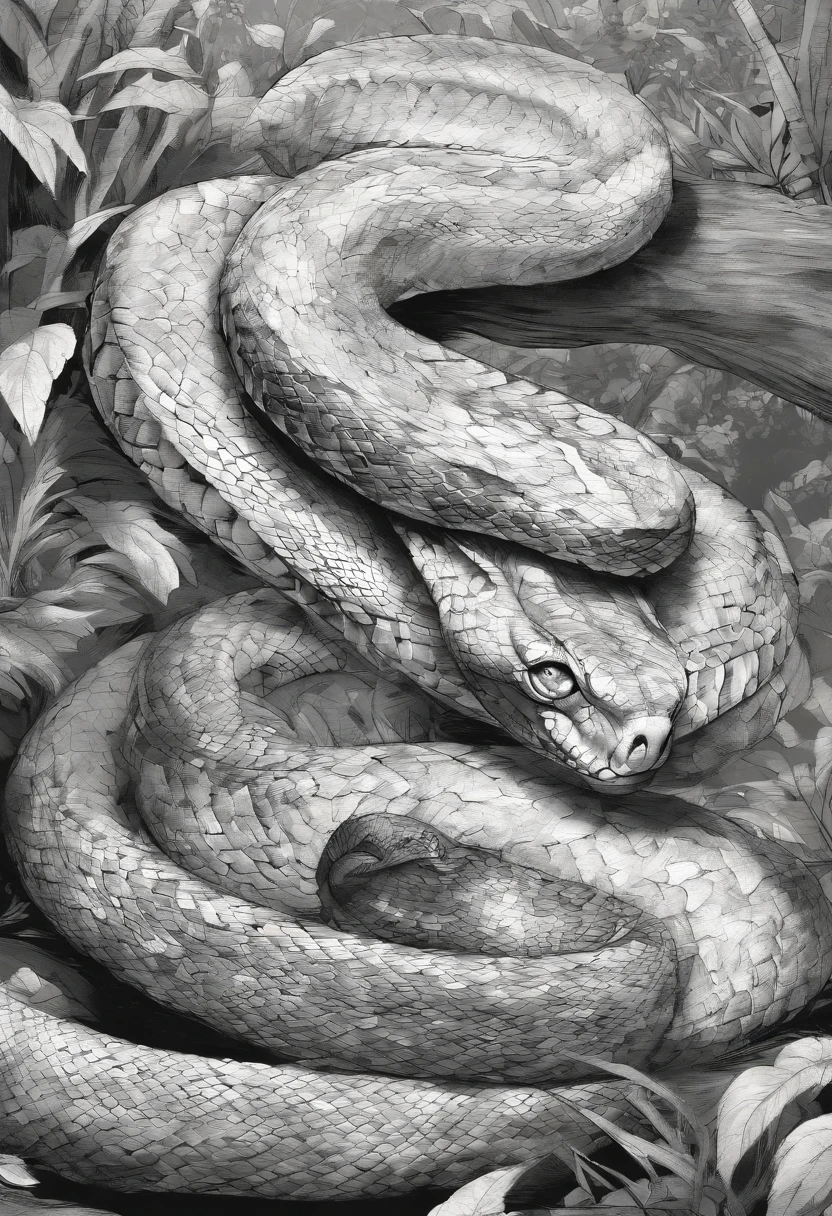 Una serpiente con mirada intensa, Mirando al frente, in a drawing style with black and white coloring. Escalas ultradetalladas, Patrones intrincados, y ojos penetrantes. A medium that portrays a realistic but artistic representation. The best quality with high resolution (4K u 8K) para detalles exquisitos. An artistic masterpiece with a touch of photorealism. Sombreado fuerte y tonos contrastantes para crear una imagen llamativa. Amazing highlights and shadows to add depth and dimensionality.