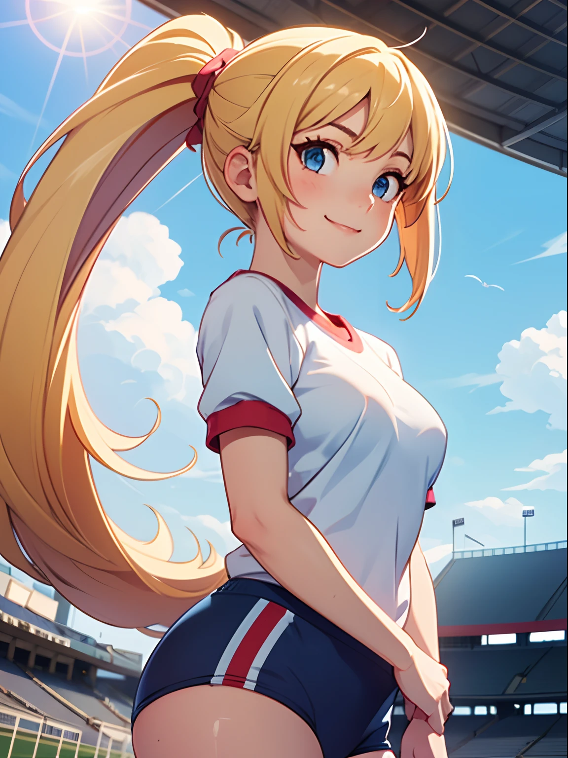 masterpiece, best quality, lens flare, depth of field, (close-up:1.3), (wide shot, fisheye:0.85), facefocus, 1girl, standing, long blonde hair, ponytail, hair tie, blue eyes, serious, smile, high school girl, gym uniform, looking at viewer sunny, blue sky, cloudy sky, japanese high school, stadium