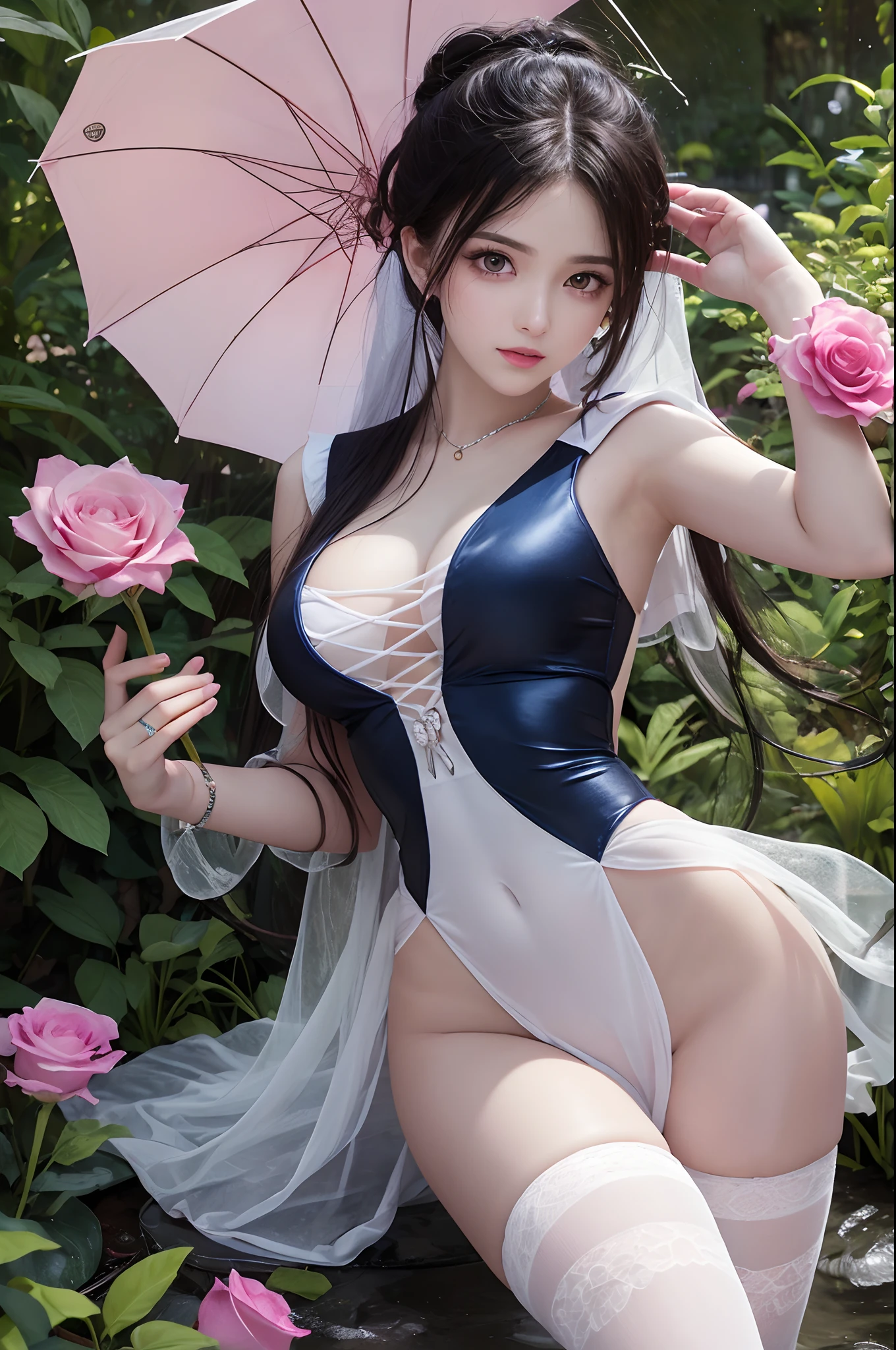 sailor moon luna, traje de colegiala blanco y azul, cuerpo mojado, vestuario mojado y transparente, baja la lluvias. Pechos vicibles. Pechos desnudos. garden background., Rosas y lluvia. Pose inocente, sonrojada, hot --auto --s2