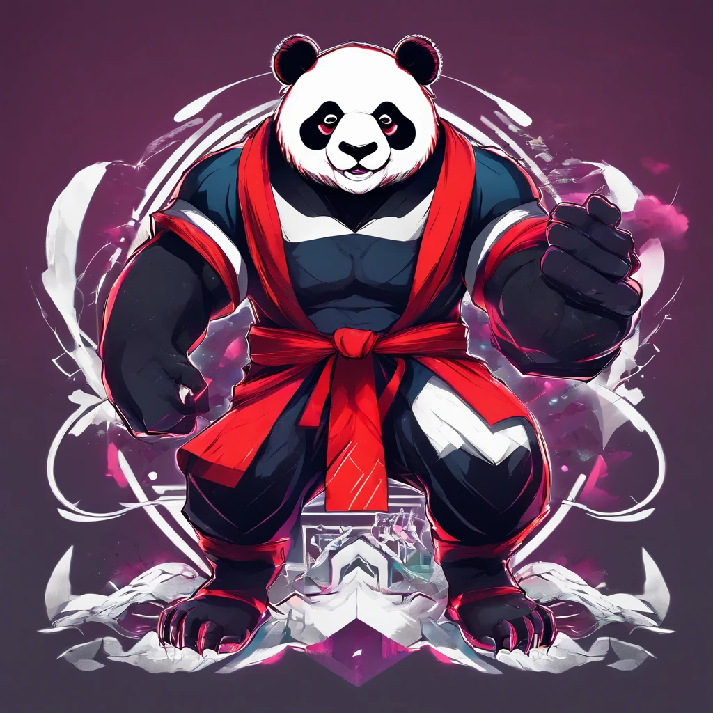 (high quality, detailed), muscular humanoid panda, vibrant colors, professional logo design, dynamic pose, fierce expression, bright lighting, digital art, esports branding, powerful presence, text Panda