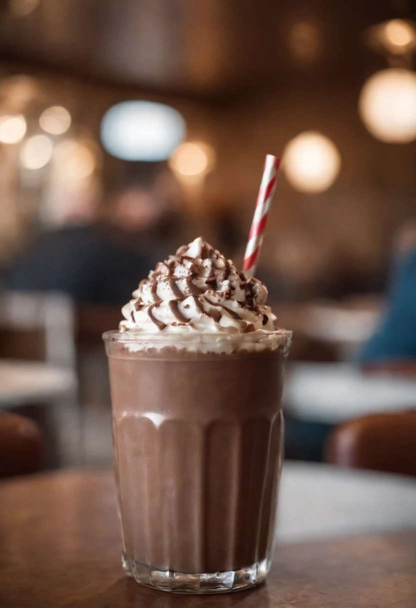 Close-up do POV (fotografia:1.2) of an old-fashioned chocolate milkshake, xarope, (Busy Retro Interior Cozy Dining, Pessoas em segundo plano