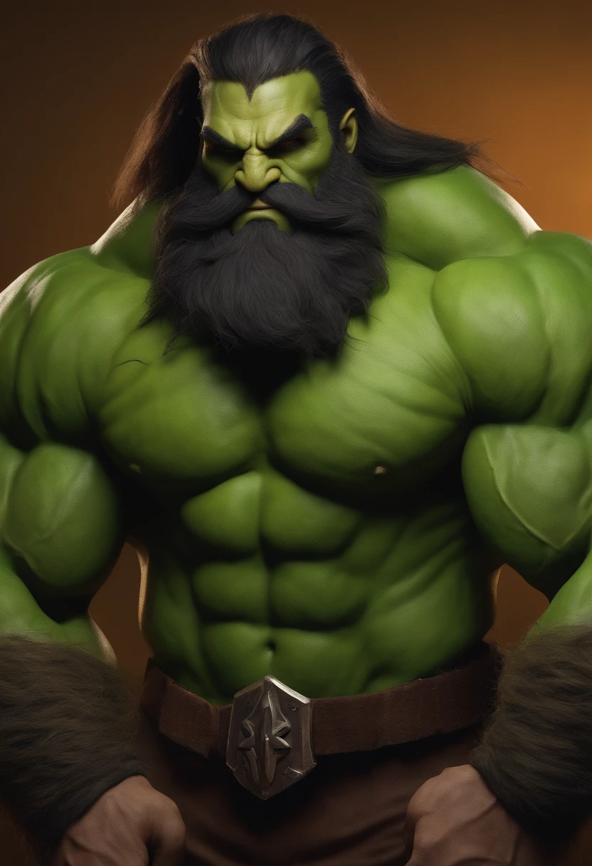 muscle orc man, very long beard, green skin, beefy, muscular, very strong, huge muscles, enormous, wide, hairy body, very hairy
