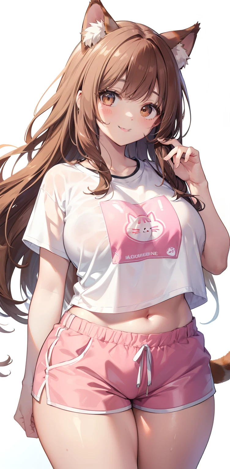 (sketch drawing), (close up), (adult body), ((mouth, smiling, lips)), (chest a little big), (thick legs), (large thighs), (pink cheeks), ( white t-shirt), (showing belly), (perfect belly), (gym shorts), (brown cat ears), (Beautiful cat ears), (brown hair), (brown eyes), (poking one eye), (tongue out), (long straight hair loose), (bangs), (details in the strands), (white background),