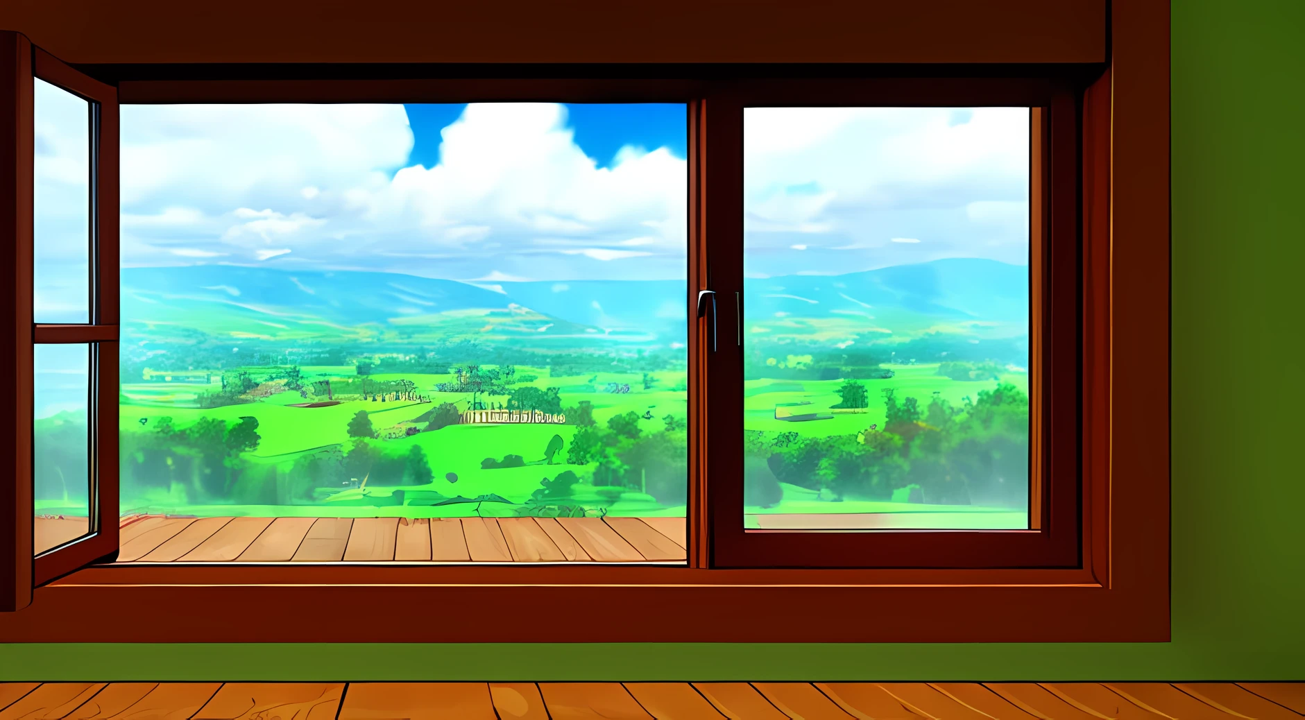 cartoon of view from the room blowing the window on a dark rainy day