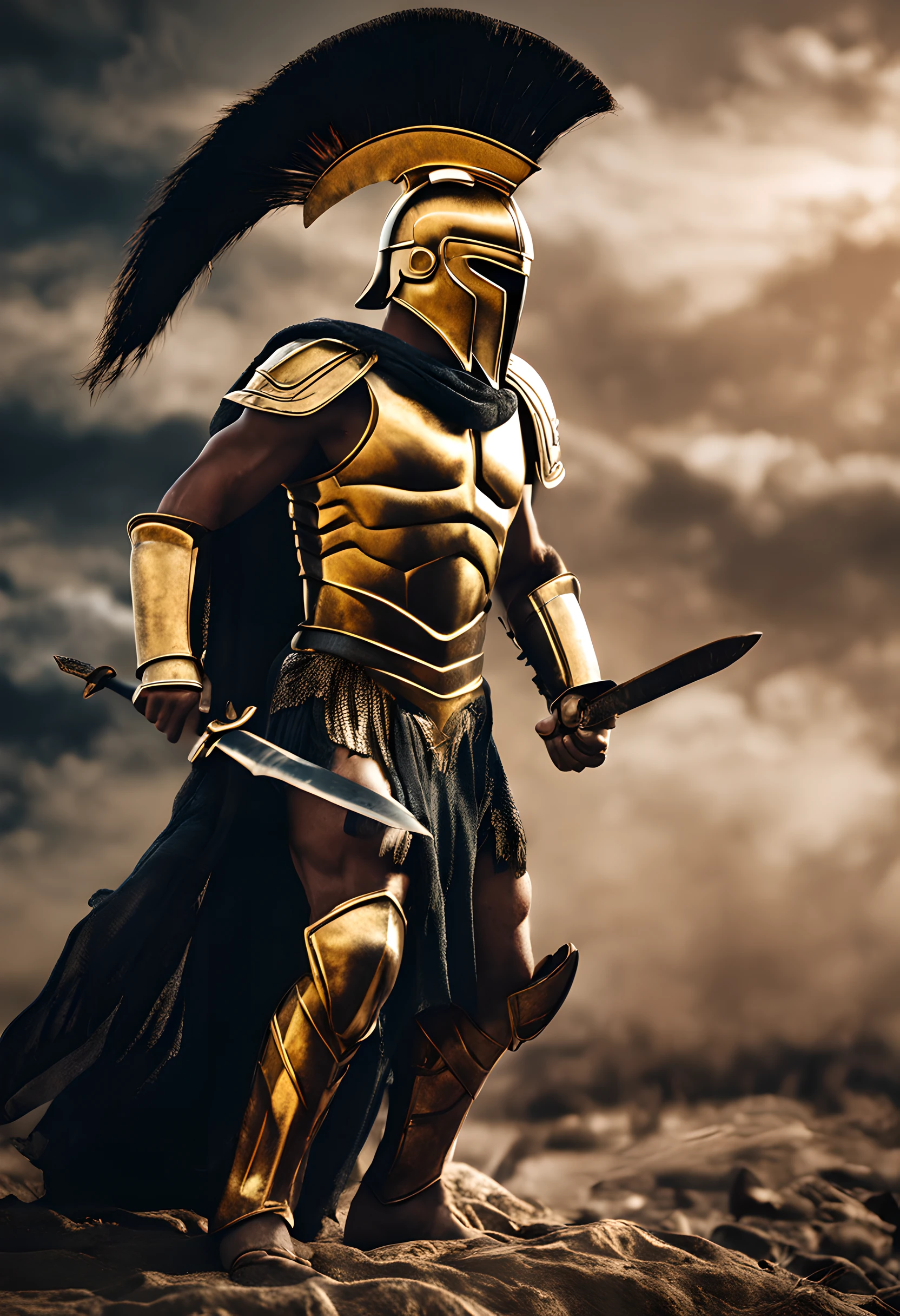 spartan warrior, gold armour, no face, black background, epic, 8k, realistic