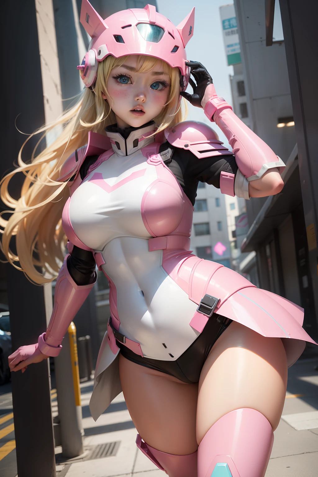 a beauty girl、High school students、Blonde blue-eyed、plump、Muchimuchi、Plump、Fluorescent pink armored soldier cosplay、Fluorescent pink helmet on the head、Fluorescent pink armor on the legs、Fluorescent pink armor looks like it will pop