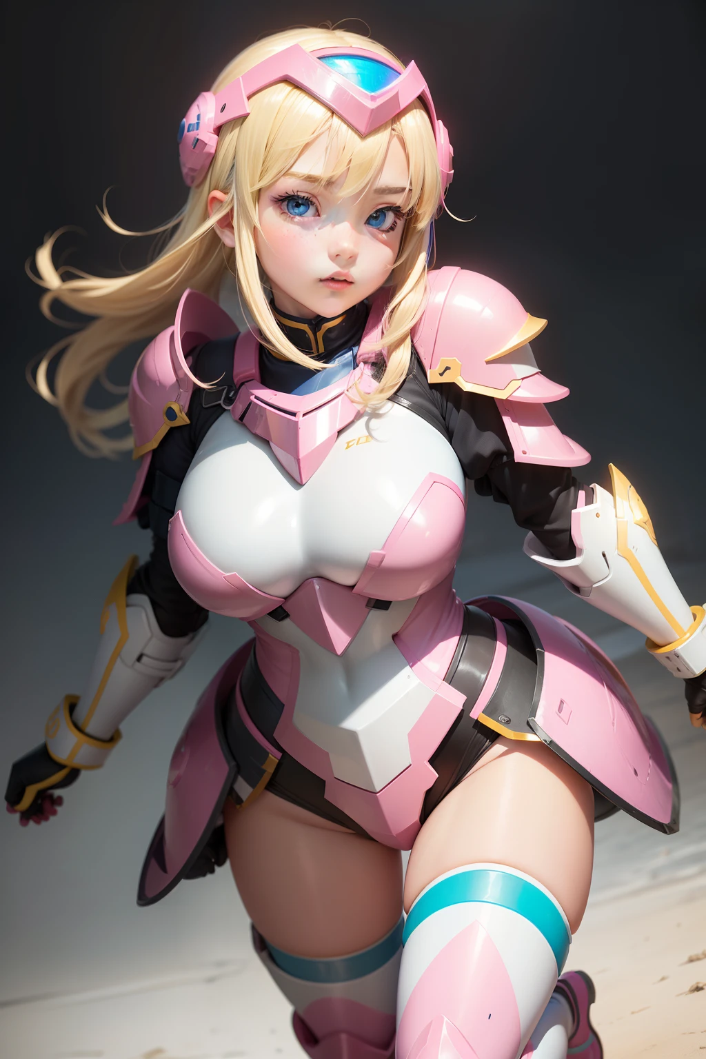 a beauty girl、a 、Blonde blue-eyed、plump、Muchimuchi、Plump、Fluorescent pink armored soldier cosplay、Fluorescent pink helmet on the head、Fluorescent pink armor on the legs、Fluorescent pink armor looks like it will pop