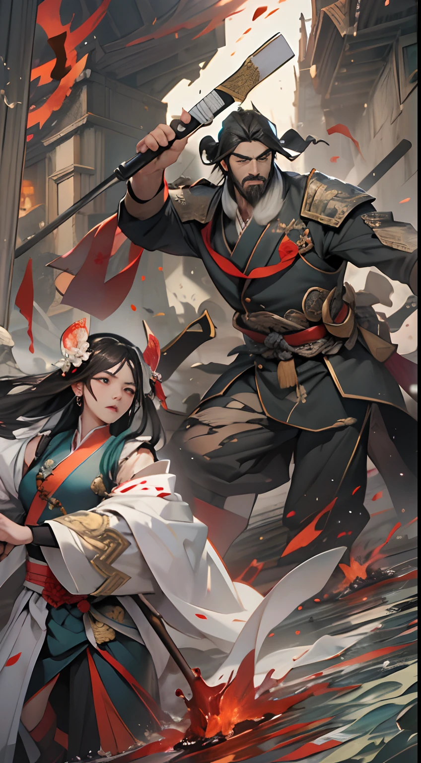 Qiong Xiong suggests giving up peace talks and retreating to claim the exclusive spirit spring, but Yuan Jie refuses this proposal. They argue fiercely on the battlefield, with serious expressions and determined eyes, a war-torn battlefield and flowing blood in the background, , 32k, best quality, masterpiece, super detail, high details,