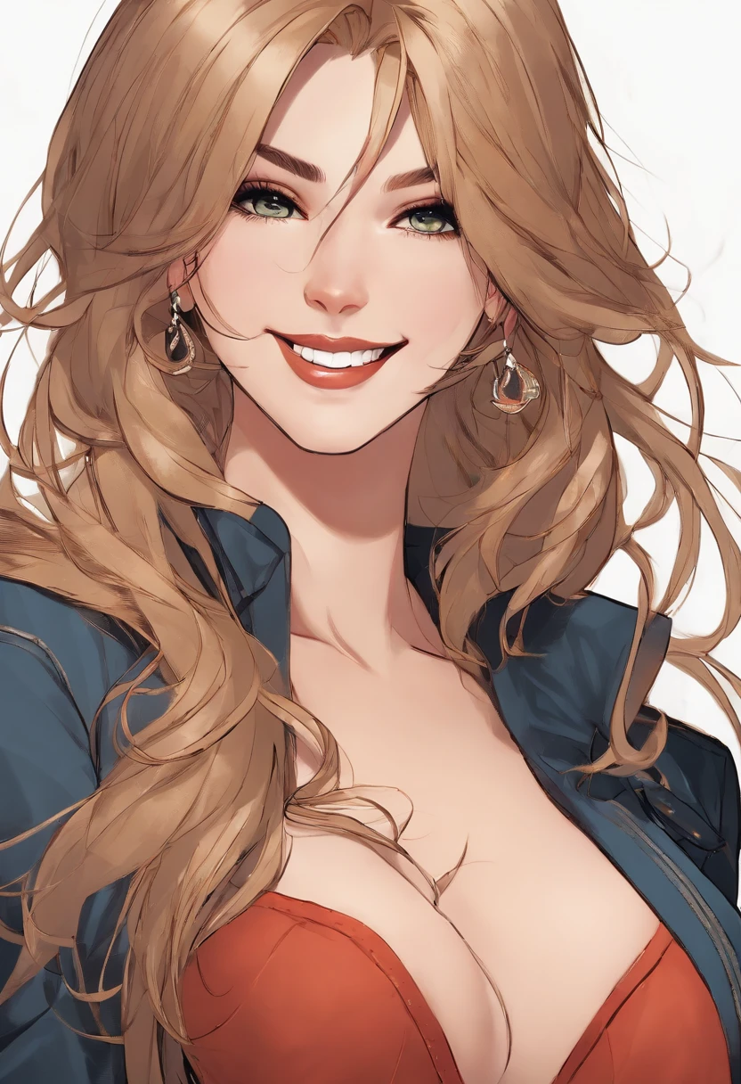 face, long_hair, gorgeous, girl, cleavage, western, jacket, hot girl, smiling, (highly detailed skin, full sharp: 1.2)