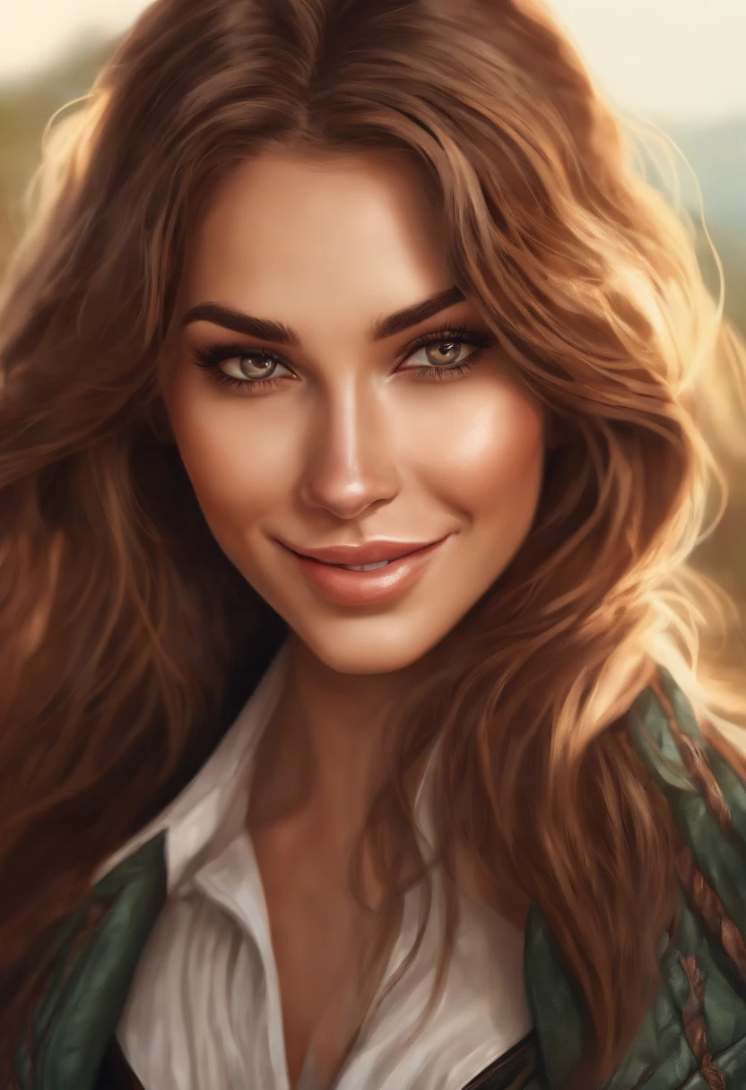 face, long_hair, gorgeous, girl, cleavage, western, jacket, hot girl, smiling, (highly detailed skin, full sharp: 1.2)