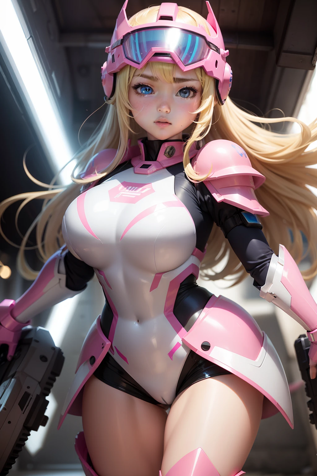 a beauty girl、a 、Blonde blue-eyed、plump、Muchimuchi、Plump、Fluorescent pink armored soldier cosplay、Fluorescent pink helmet on the head、Fluorescent pink armor on the legs、Fluorescent pink armor looks like it will pop